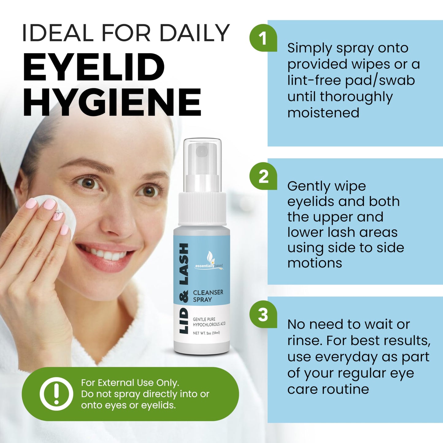 Essentially Based Eyelid Cleanser Kit - 2 oz Eyelids and Eyelash Cleaner - Hypochlorous Acid Spray Solution - Eye Wash Solution with 30 Application Pads - Made in USA
