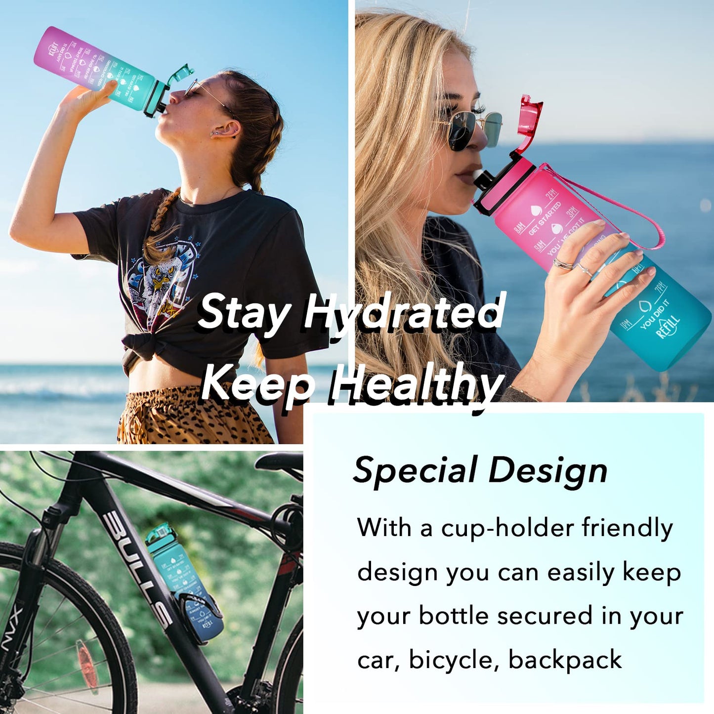 Enerbone 32 oz Water Bottle, Leakproof BPA & Toxic Free, Motivational Water Bottle with Times to Drink and Straw, Fitness Sports Water Bottle with Strap for Office, Gym, Outdoor Sports, Pink-Green