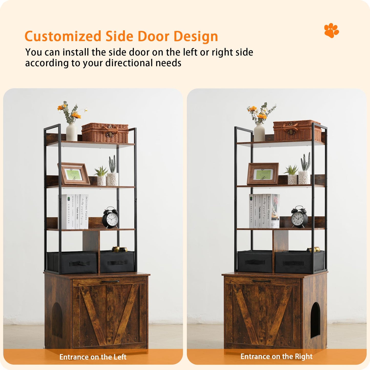 Dwanton Litter Box Enclosure with 3 Storage Shelves and 2 Drawers, 2-in-1 Hidden Cat Litter Box Enclosure Furniture with Shelf, Reversible Entrance, Washable Drawers, 61.8-Inch, Rustic Brown