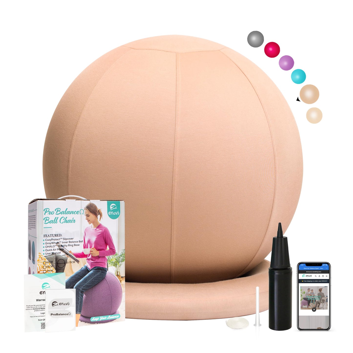 ENOVI ProBalanceΩ Ball Chair, Yoga Ball Chair Exercise Ball Chair with Slipcover and Base for Home Office Desk, Birthing & Pregnancy, 75cm, WB