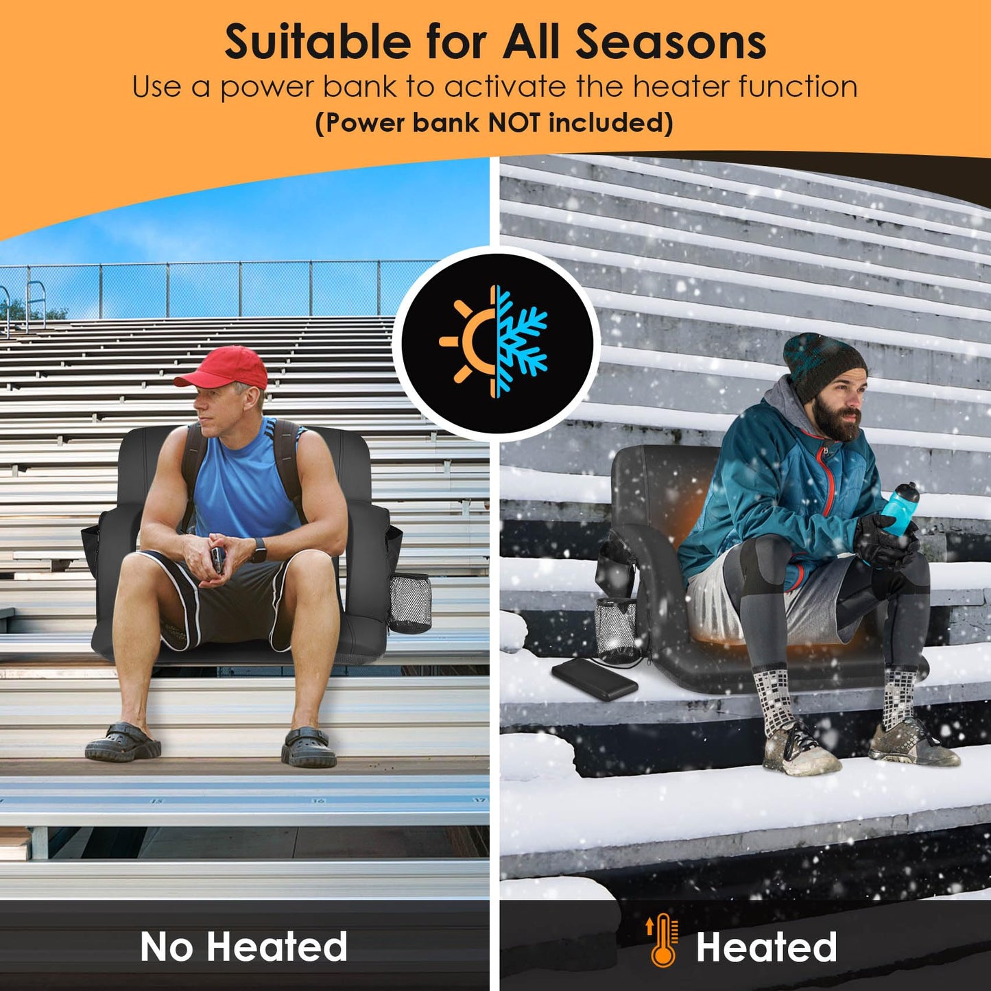 Double Heated Stadium Seats for Bleachers with Back Support 21" Wide Cushion, Extra Portable Bleacher Seat Foldable Stadium Chair, USB 3 Levels of Heat, 5 Pockets for Outdoor Camping Games Sports