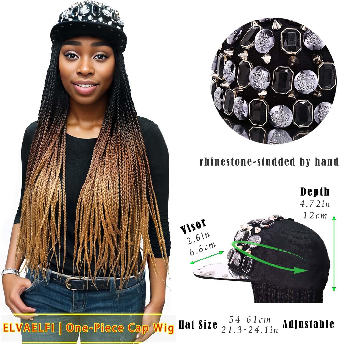 ELVAELFI 24inch Box Braid Hair Extensions Ombre Brown, Punk Studs Flat Baseball Cap Wigs for Women Girls Easy Wear