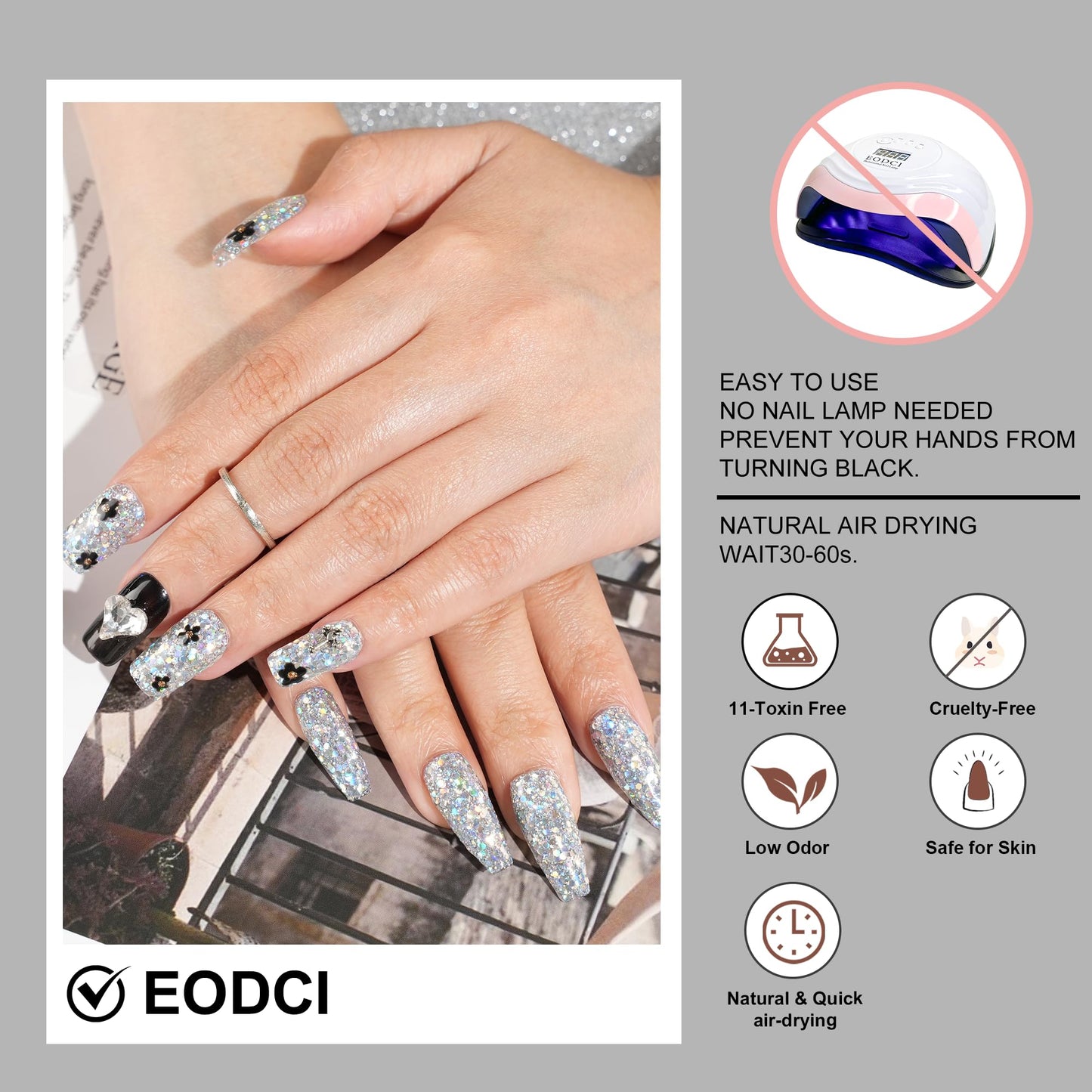 EODCI 1 Oz/28g Sequin Silver Dip Powder, Glitter Nail Dipping Powder French Powder Pro Collection System Nail Art Starter Manicure Salon DIY at Home, Odor-Free&Long-Lasting, No Needed Nail Lamp Curing