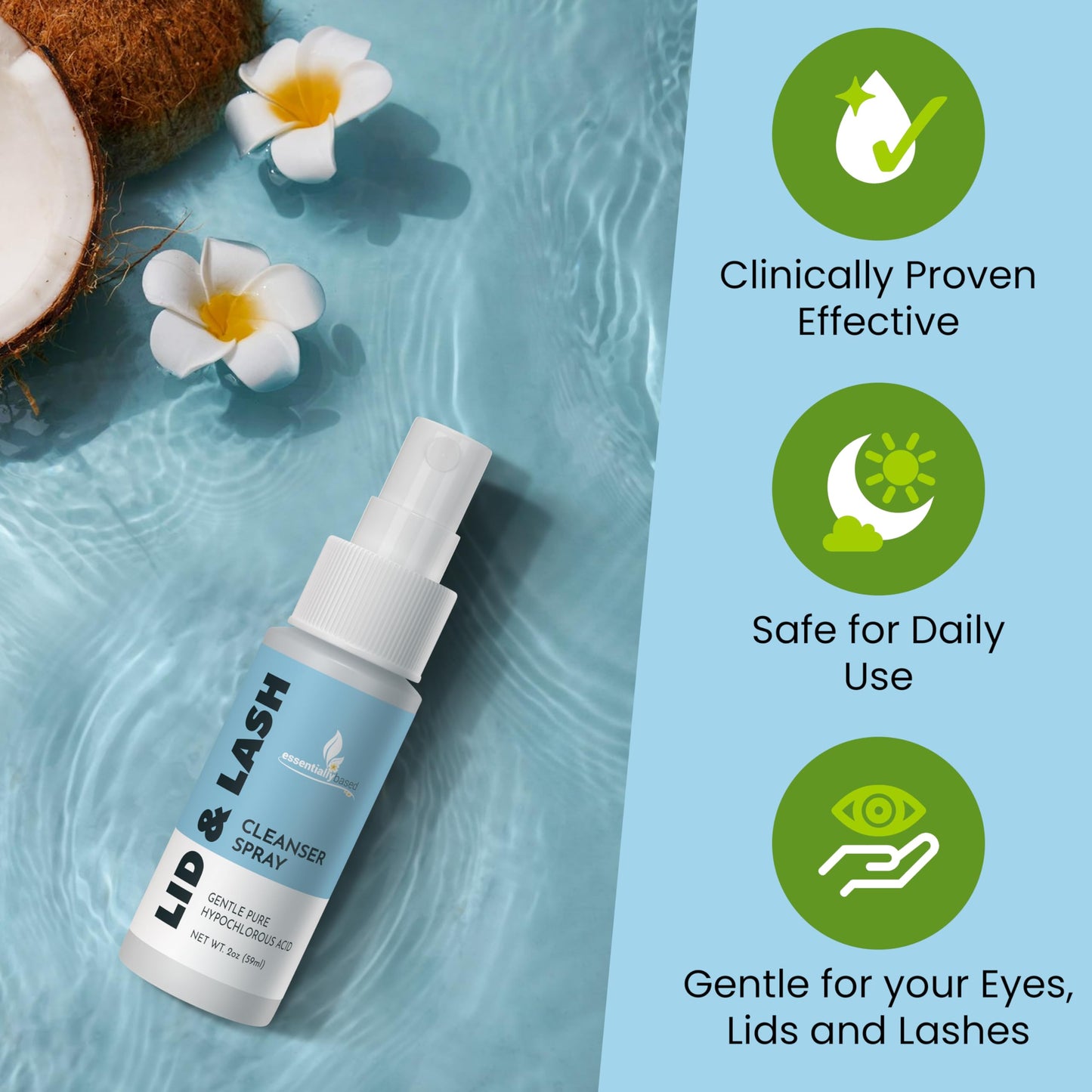 Essentially Based Eyelid Cleanser Kit - 2 oz Eyelids and Eyelash Cleaner - Hypochlorous Acid Spray Solution - Eye Wash Solution with 30 Application Pads - Made in USA