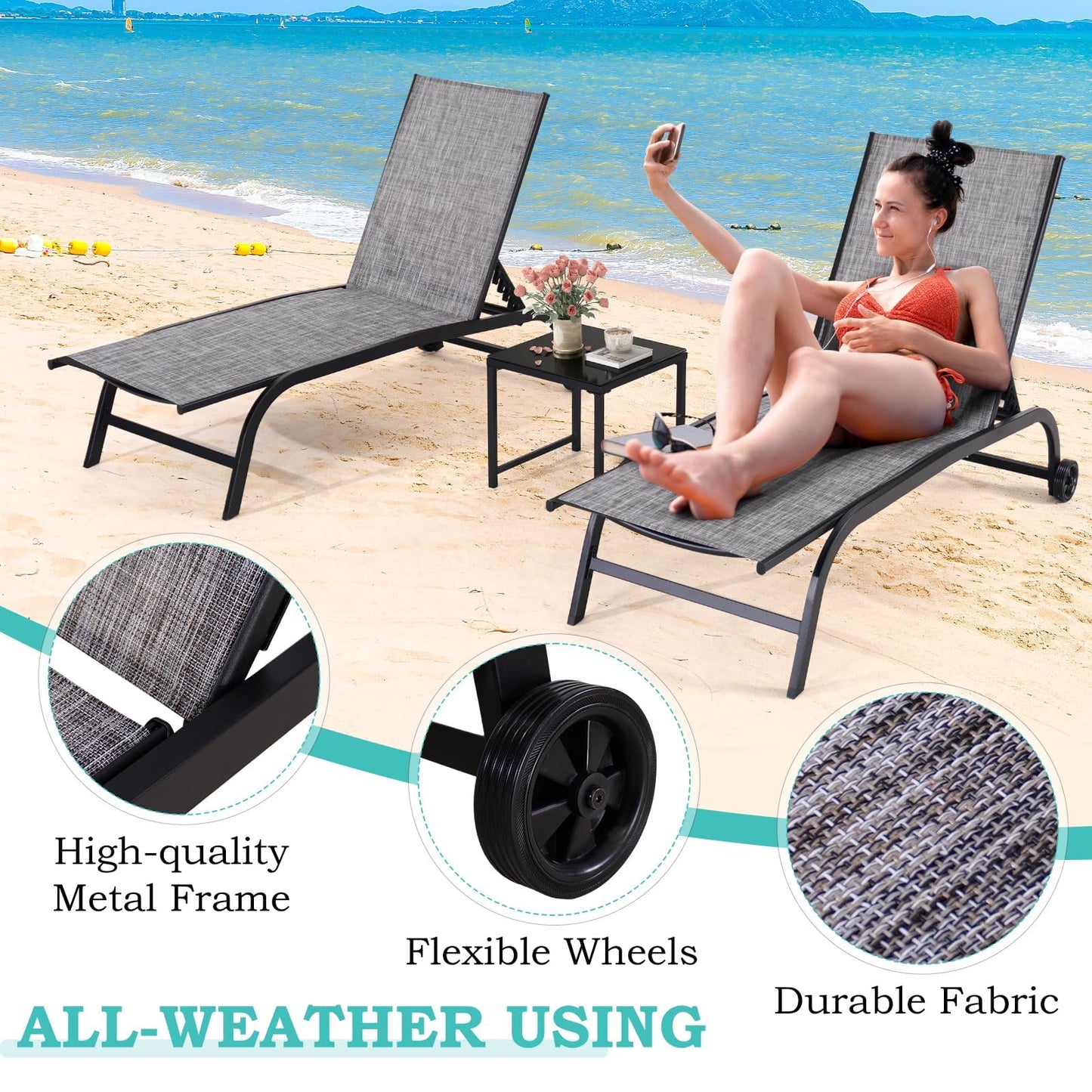 EROMMY Patio Chaise Lounge Chair Set of 2 with Table, Adjustable Backrest & Wheels, Oversized 26" W Outdoor Poolside Recliners for Garden, Deck, Lawn, Backyard