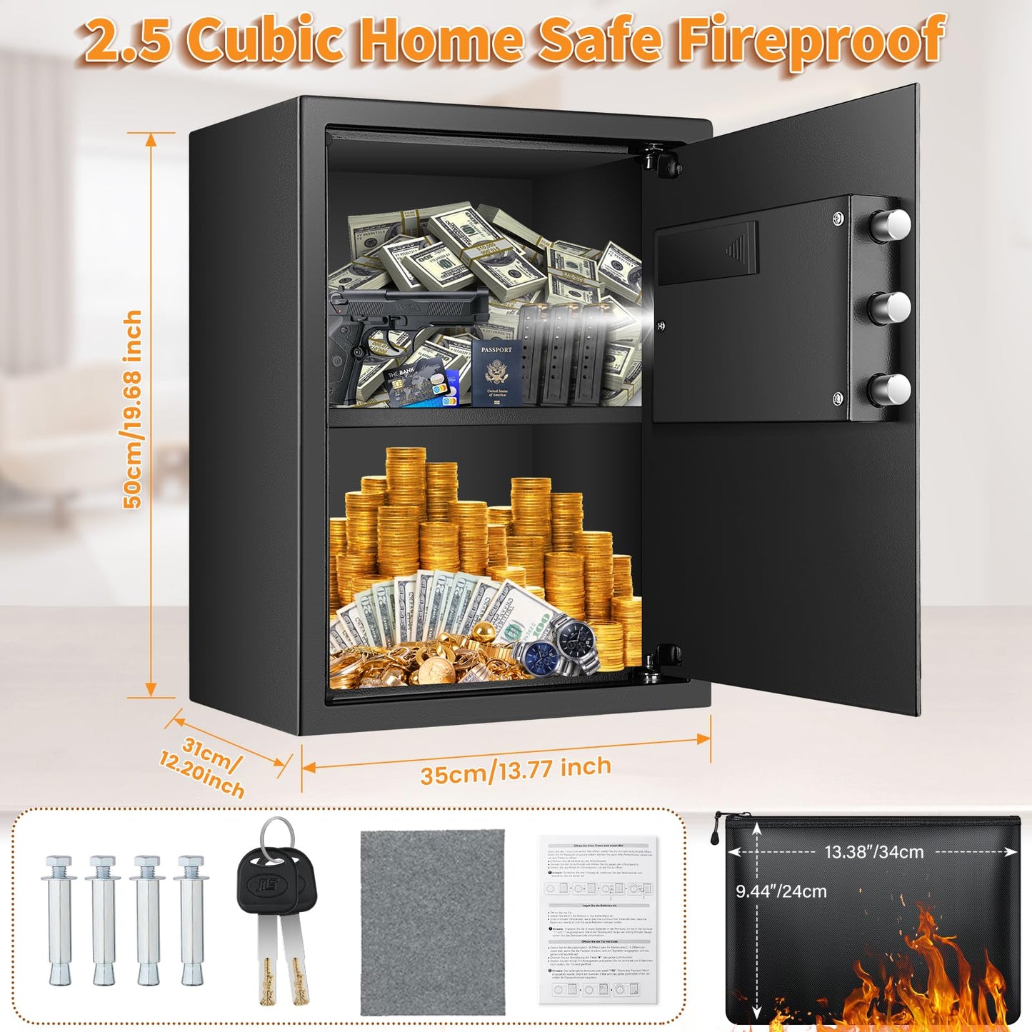 3.0 Cub Large Fireproof Safe Box for Home Use, Anti-Theft Home Safes Fireproof Waterproof, Money Safe for Home with Fireproof Bag and Removable Shelf, Safe Fireproof for Money Firearm A4 Document