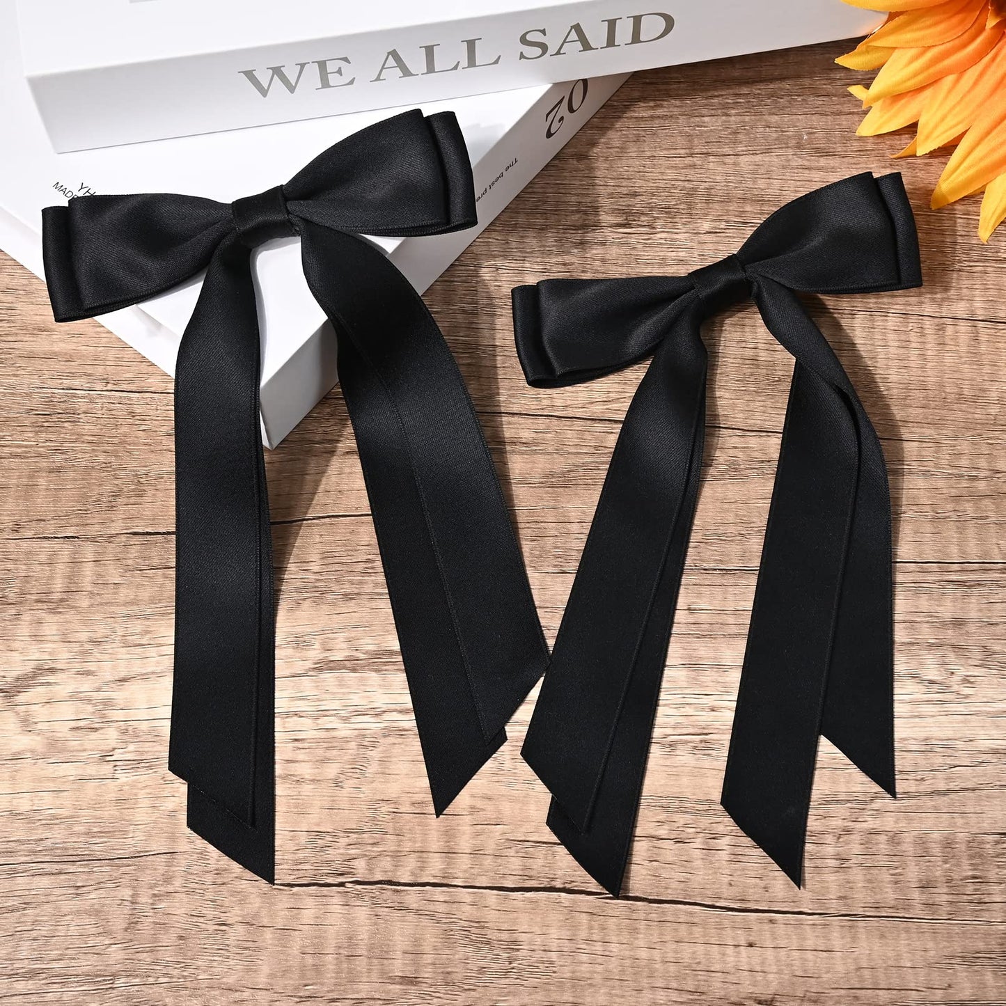 2PCS Silky Satin Hair Bows Hair Clip Black Hair Ribbon Ponytail Holder Accessories Slides Metal Clips Hair Bow for Women Girls Toddlers Teens Kids