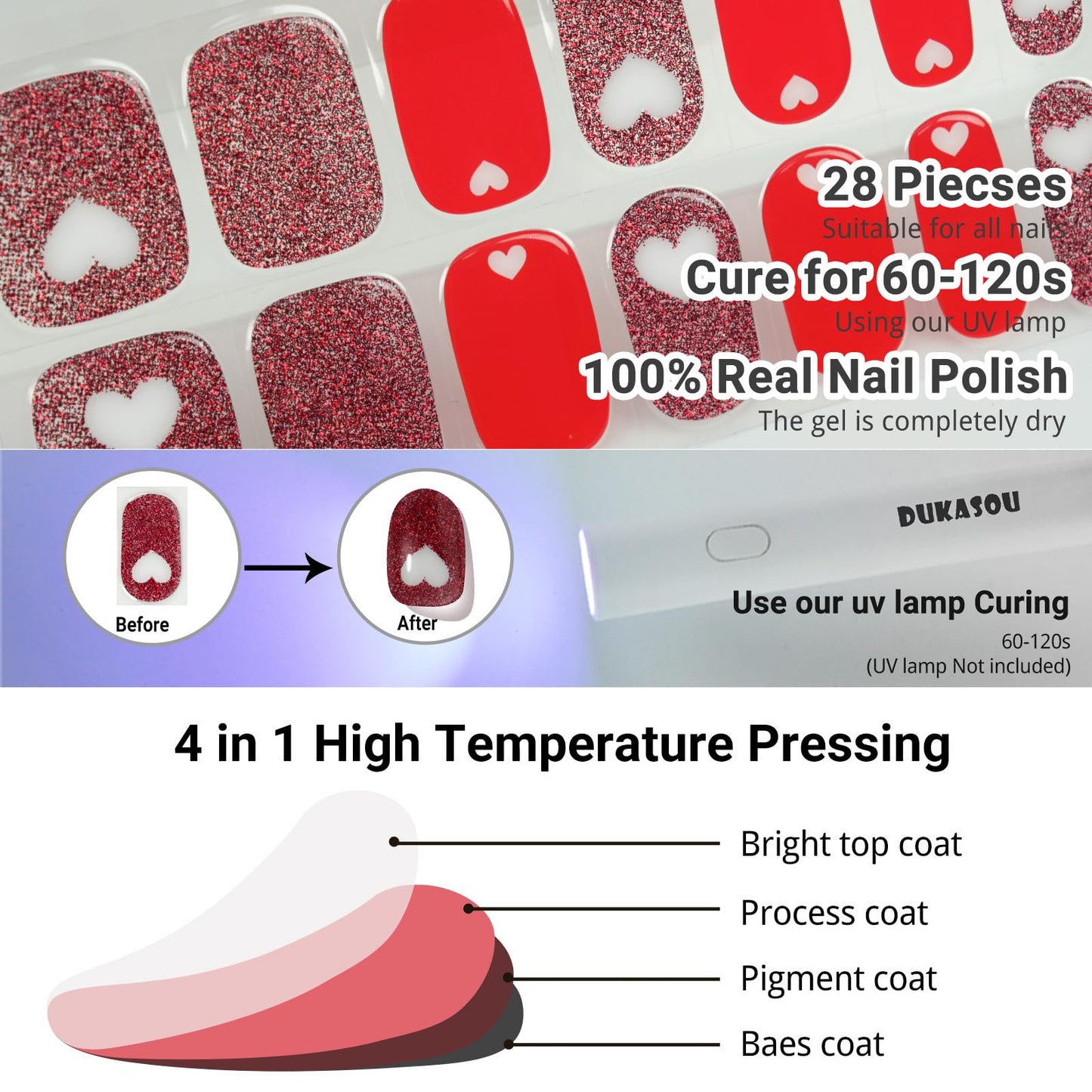 DUKASOU Semi Cured Gel Nail Strips, Heart Signal | 28 pcs Gel Nail Strips Work with Any UV Lamp, Salon Quality UV Gel Nail Stickers, Easy to Apply for Home Nails DIY