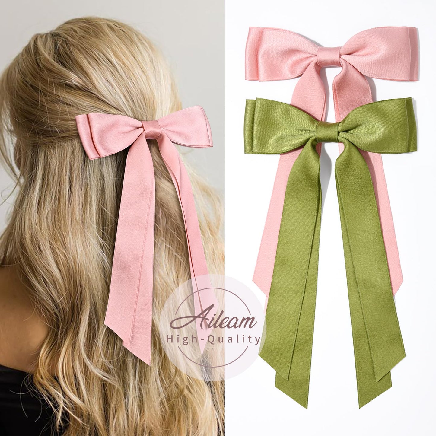 2PCS Silky Satin Hair Bows Hair Clip Pink Green Hair Ribbon Ponytail Holder Accessories Slides Metal Clips Hair Bow for Women Girls Toddlers Teens Kids