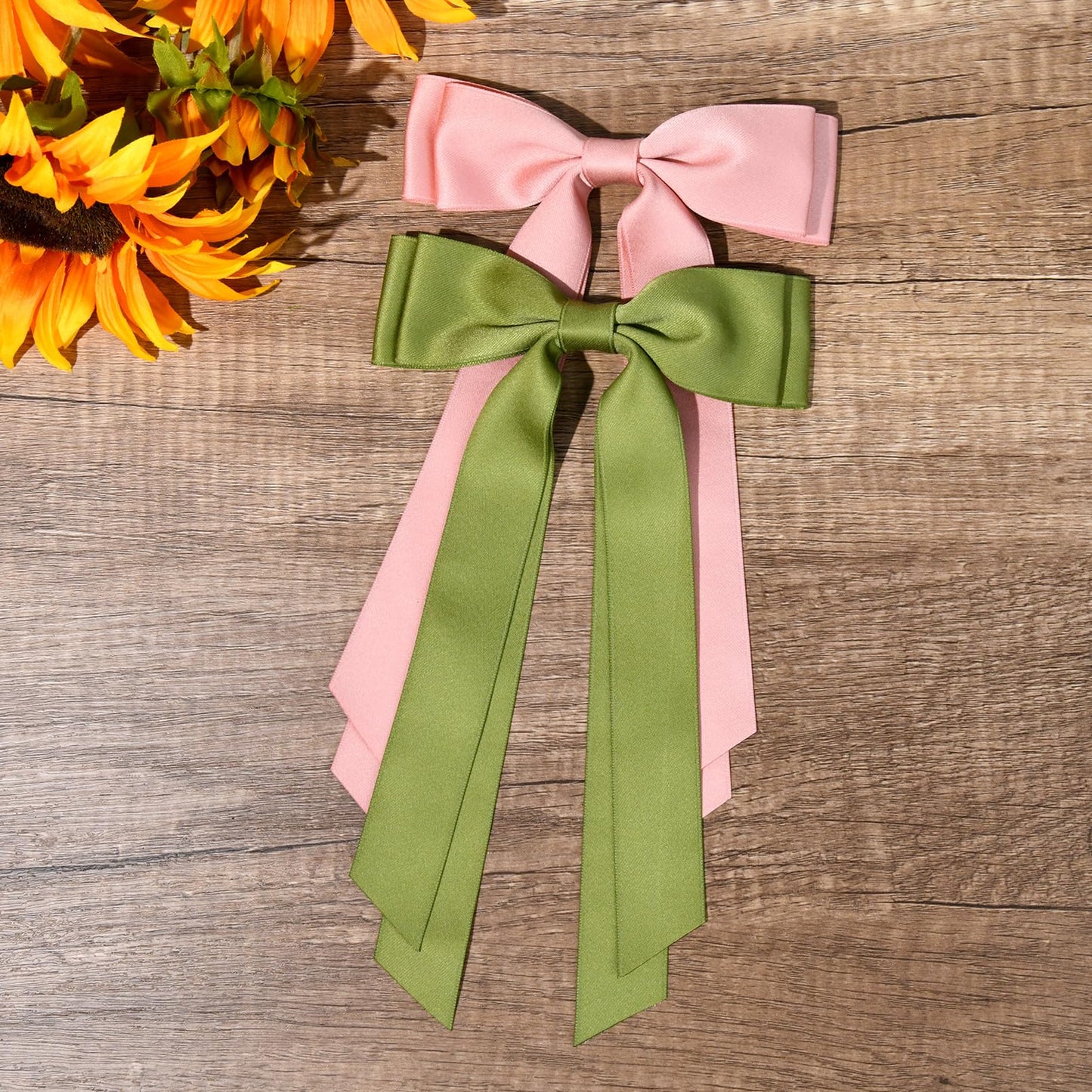 2PCS Silky Satin Hair Bows Hair Clip Pink Green Hair Ribbon Ponytail Holder Accessories Slides Metal Clips Hair Bow for Women Girls Toddlers Teens Kids