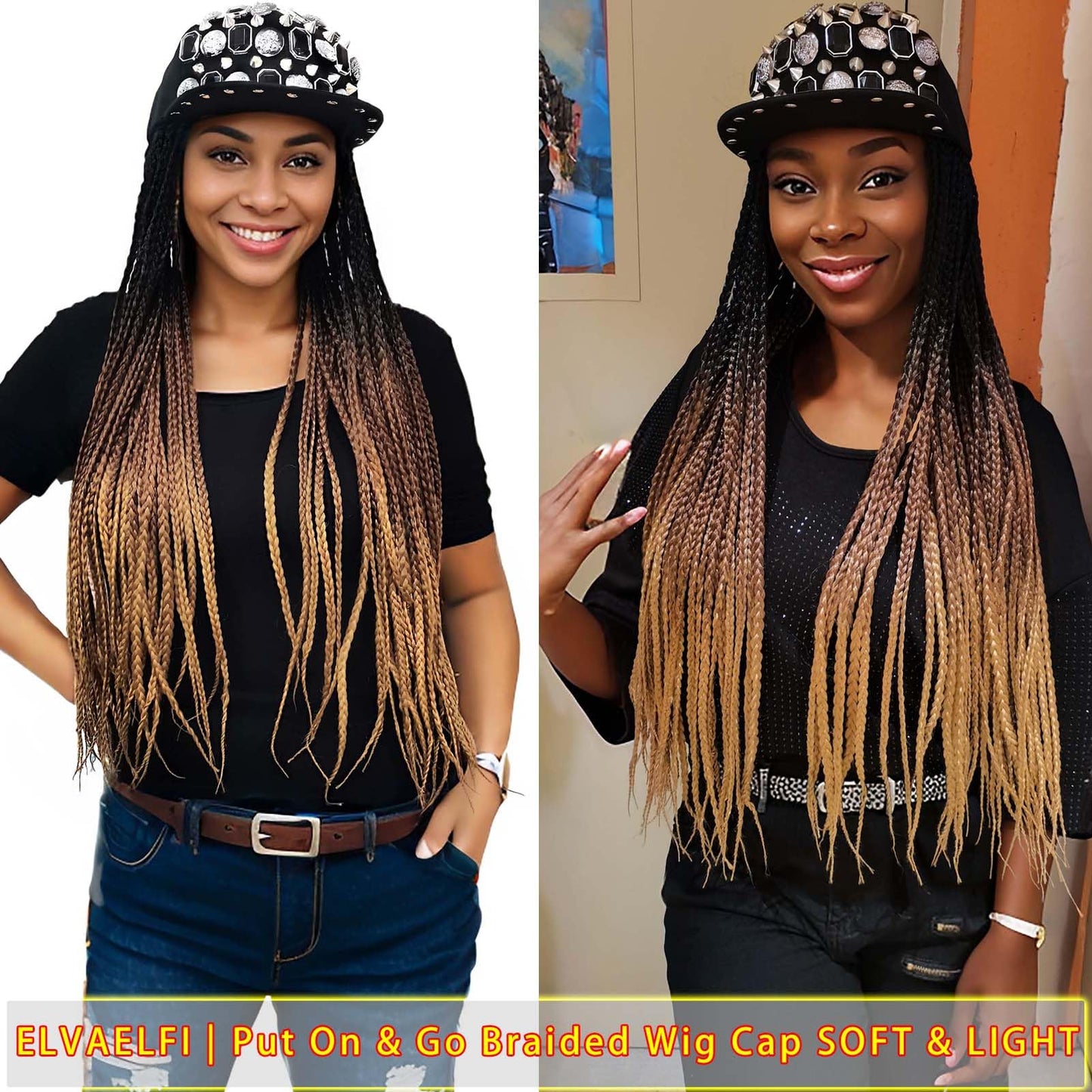 ELVAELFI 24inch Box Braid Hair Extensions Ombre Brown, Punk Studs Flat Baseball Cap Wigs for Women Girls Easy Wear