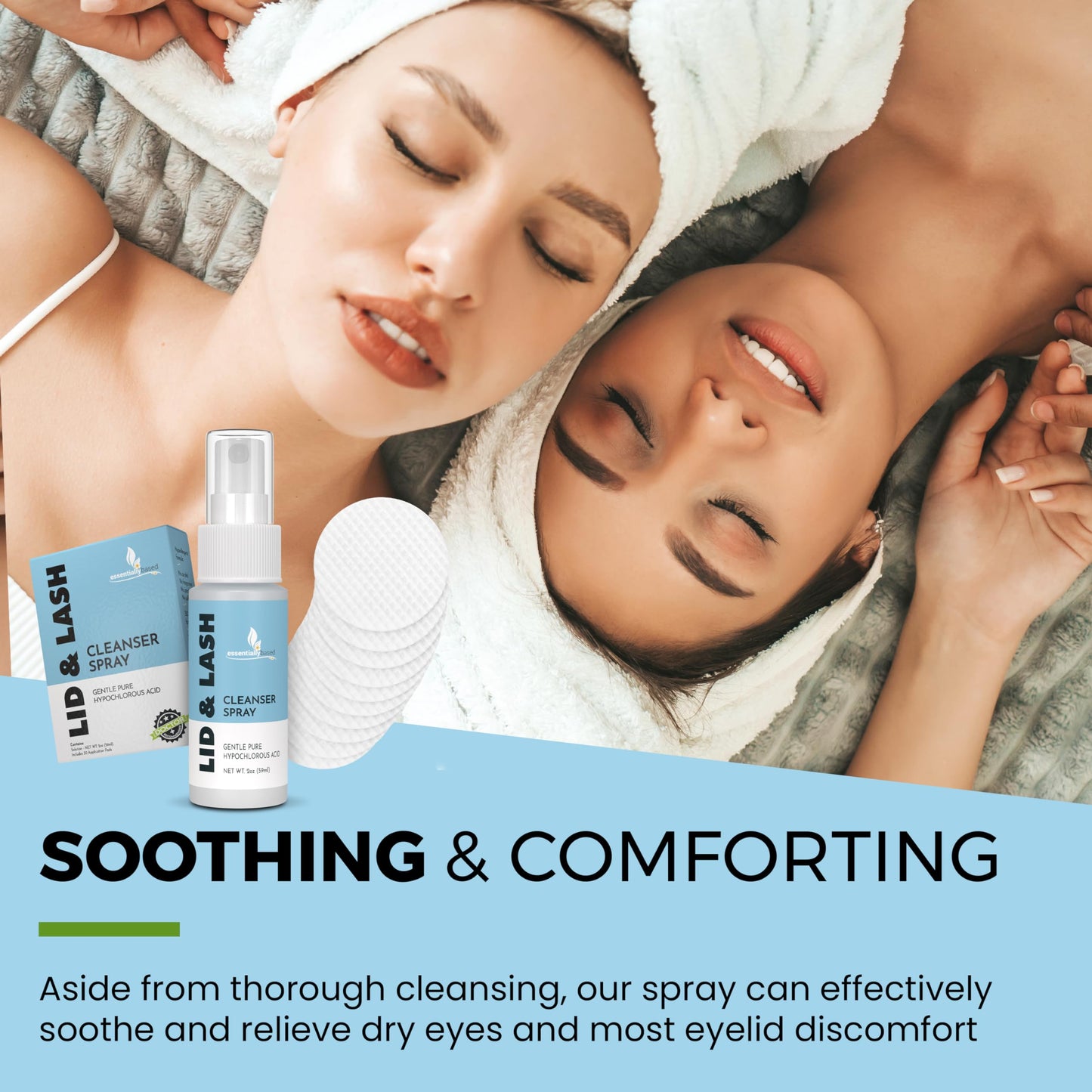 Essentially Based Eyelid Cleanser Kit - 2 oz Eyelids and Eyelash Cleaner - Hypochlorous Acid Spray Solution - Eye Wash Solution with 30 Application Pads - Made in USA