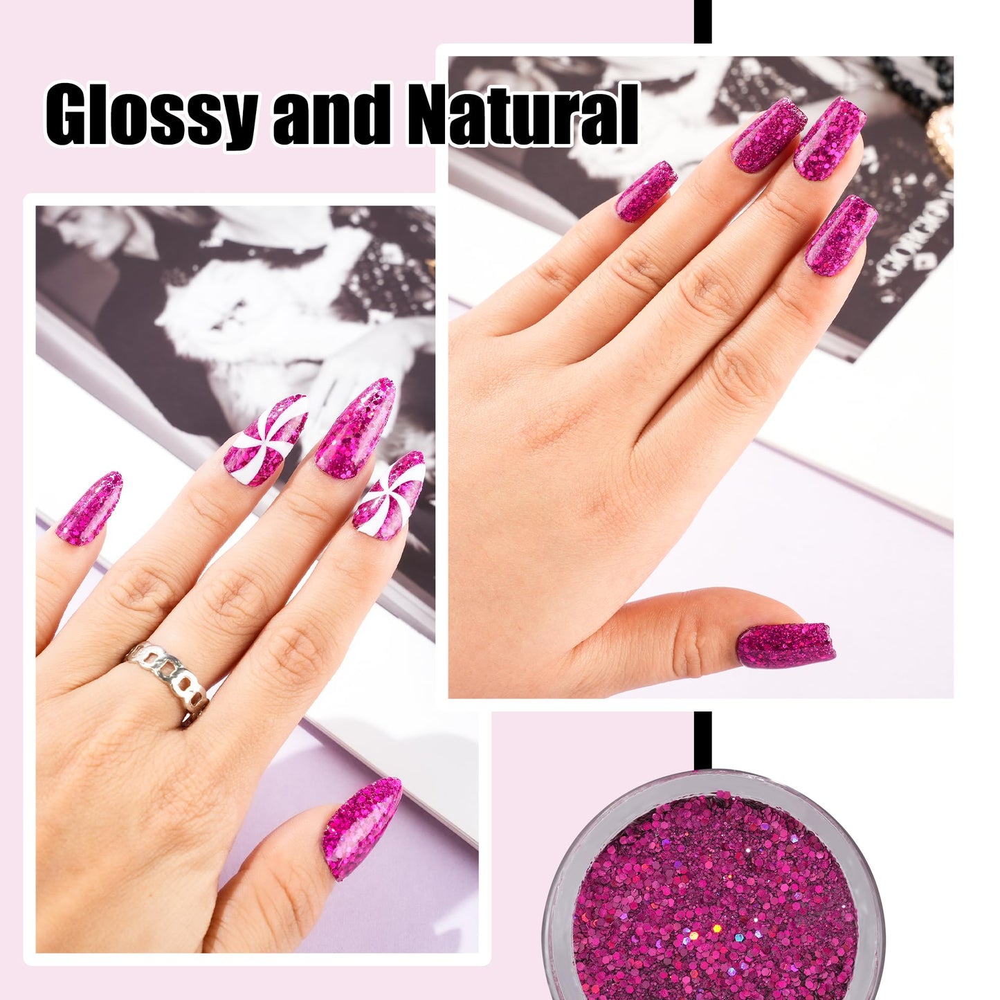 EODCI 1OZ Glitter Hot Pink Dip Powder Color, Nail Dipping Powder French Powder Pro Collection System Nail Art Starter Manicure Salon DIY at Home, Odor-Free&Long-Lasting, No Needed Nail Lamp Curing