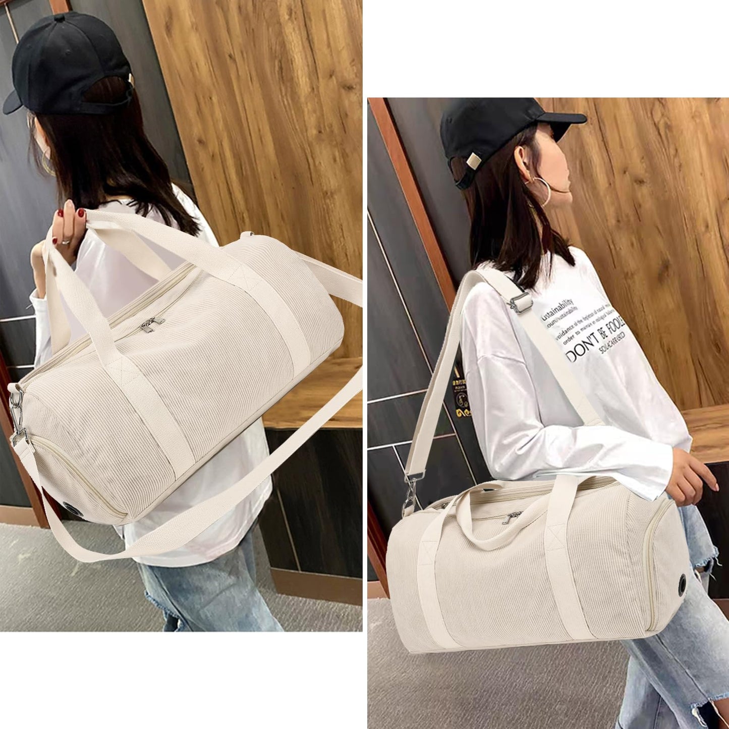 Duffle Bag for Gym Sports Women Girls Workout Travel Bag Weekender with Shoe Compartment and Wet Pocket (Corduroy-beige)