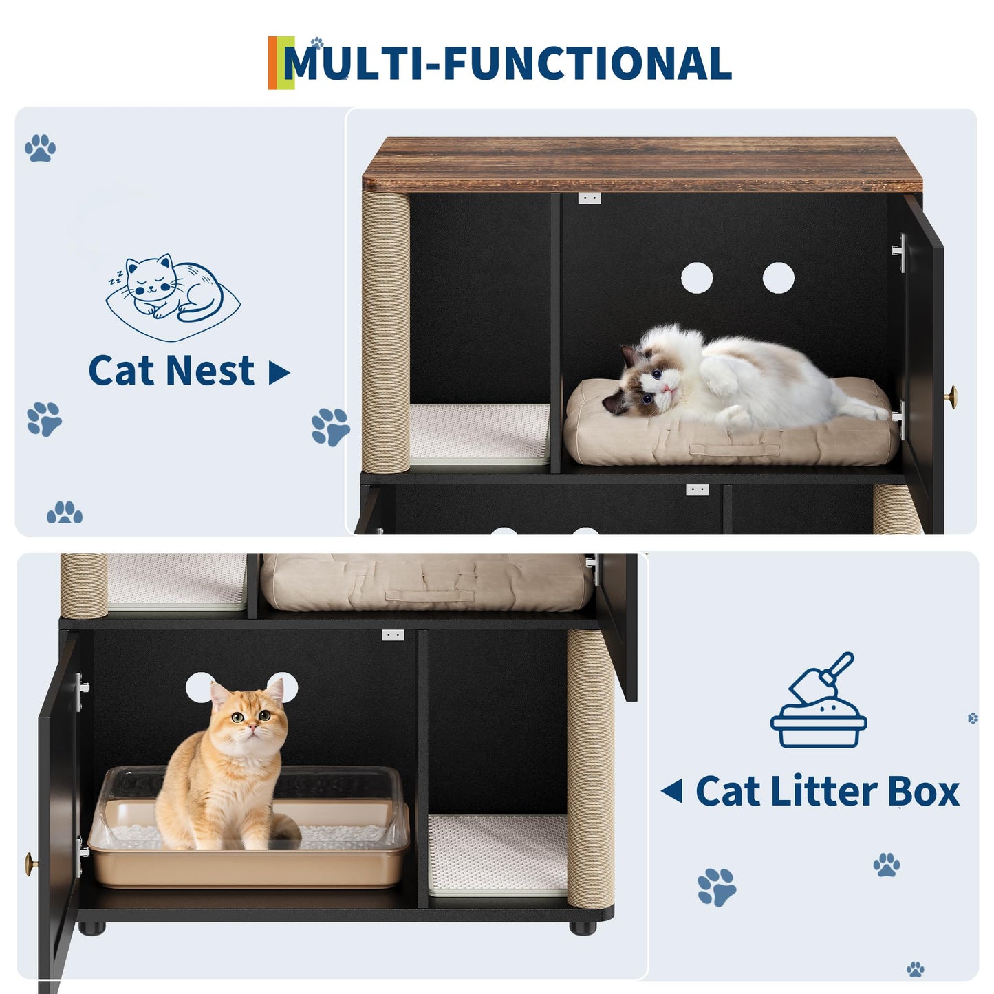 Double Layer Cat Litter Box Enclosure for 2 Cats, Hidden Litter Box Furniture with Cat Scratching Post and Board, 2 Story Wooden Cats Washroom or Bed, Pet House End Table for Living Room Balcony