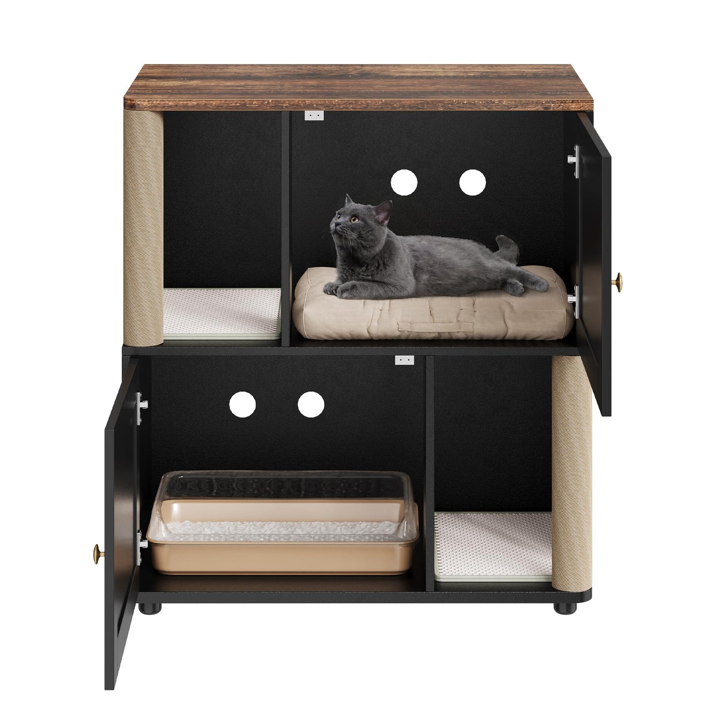 Double Layer Cat Litter Box Enclosure for 2 Cats, Hidden Litter Box Furniture with Cat Scratching Post and Board, 2 Story Wooden Cats Washroom or Bed, Pet House End Table for Living Room Balcony