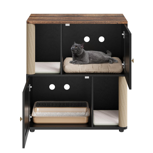Double Layer Cat Litter Box Enclosure for 2 Cats, Hidden Litter Box Furniture with Cat Scratching Post and Board, 2 Story Wooden Cats Washroom or Bed, Pet House End Table for Living Room Balcony