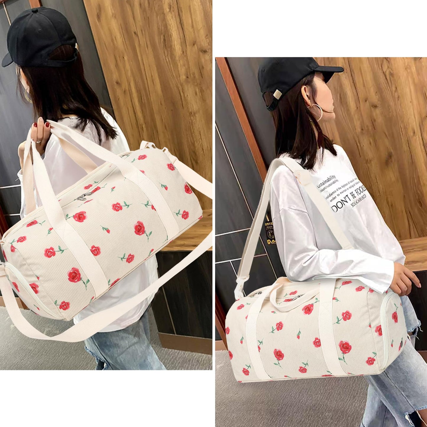 Duffle Bag for Gym Sports Women Girls Workout Travel Bag Weekender with Shoe Compartment and Wet Pocket (Corduroy-Red Rose)