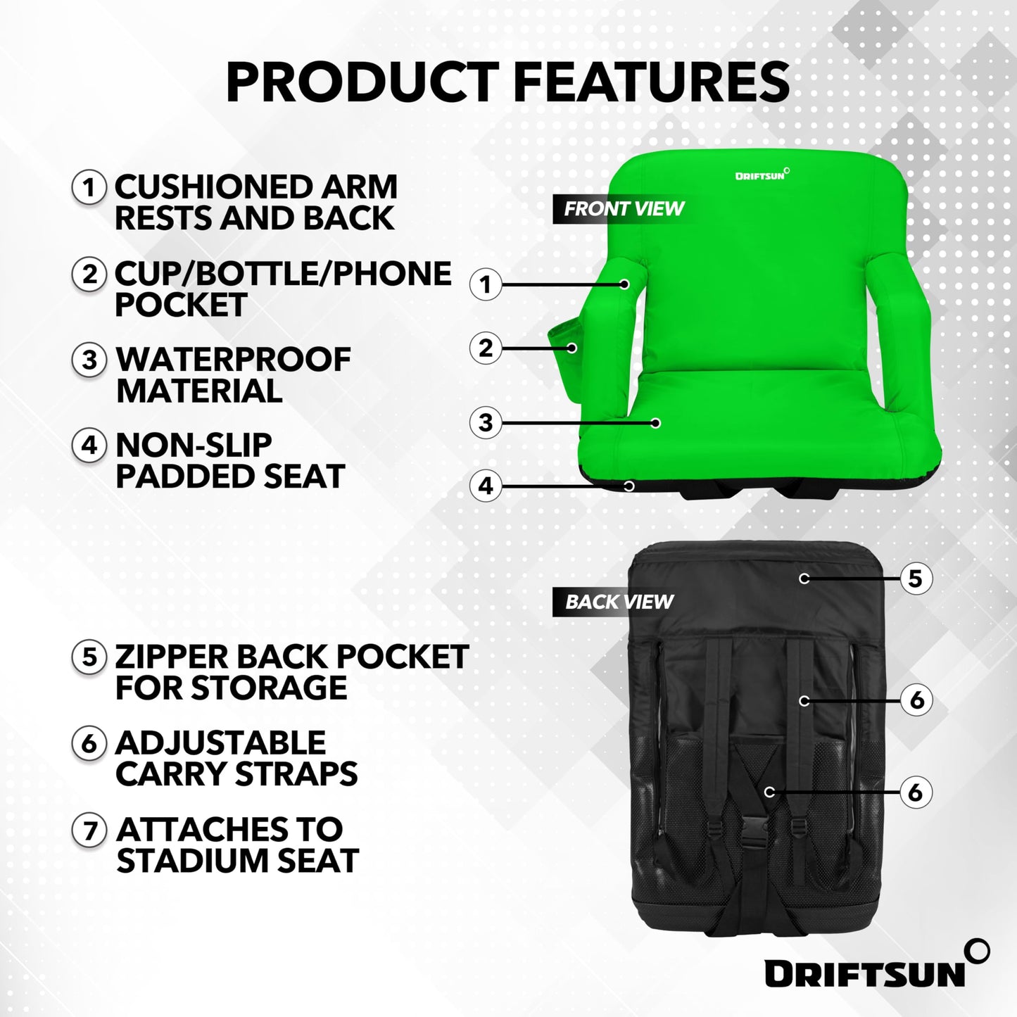 Driftsun Stadium Seats with Back Support, Deluxe Bleacher Chairs with Back Support and Cushion, Padded Stadium Seats, Waterproof Stadium Chair