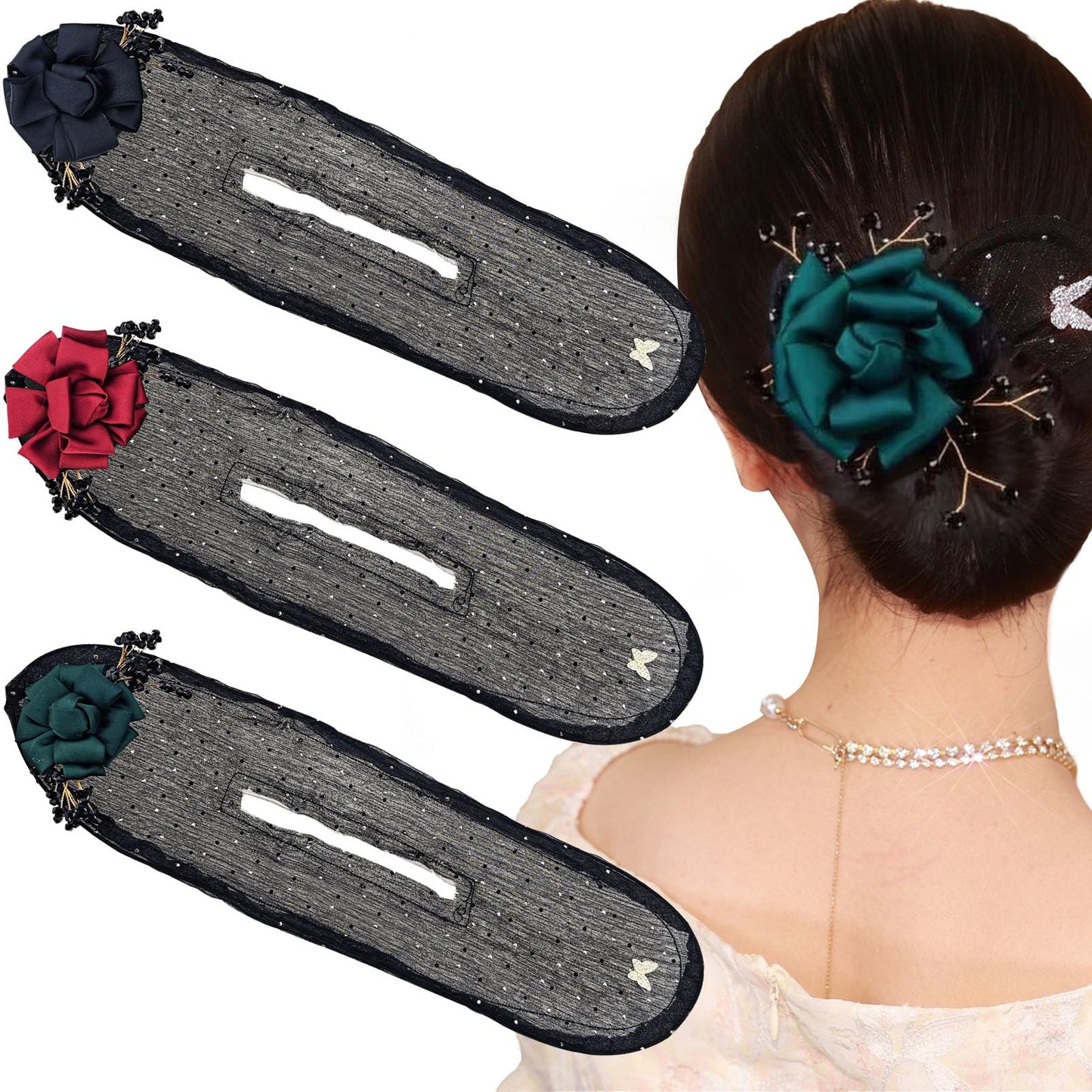 3 PACK Camellia Flower Hair Bun Makers, Quick Fashion Hair Accessories for Women (Style 2)
