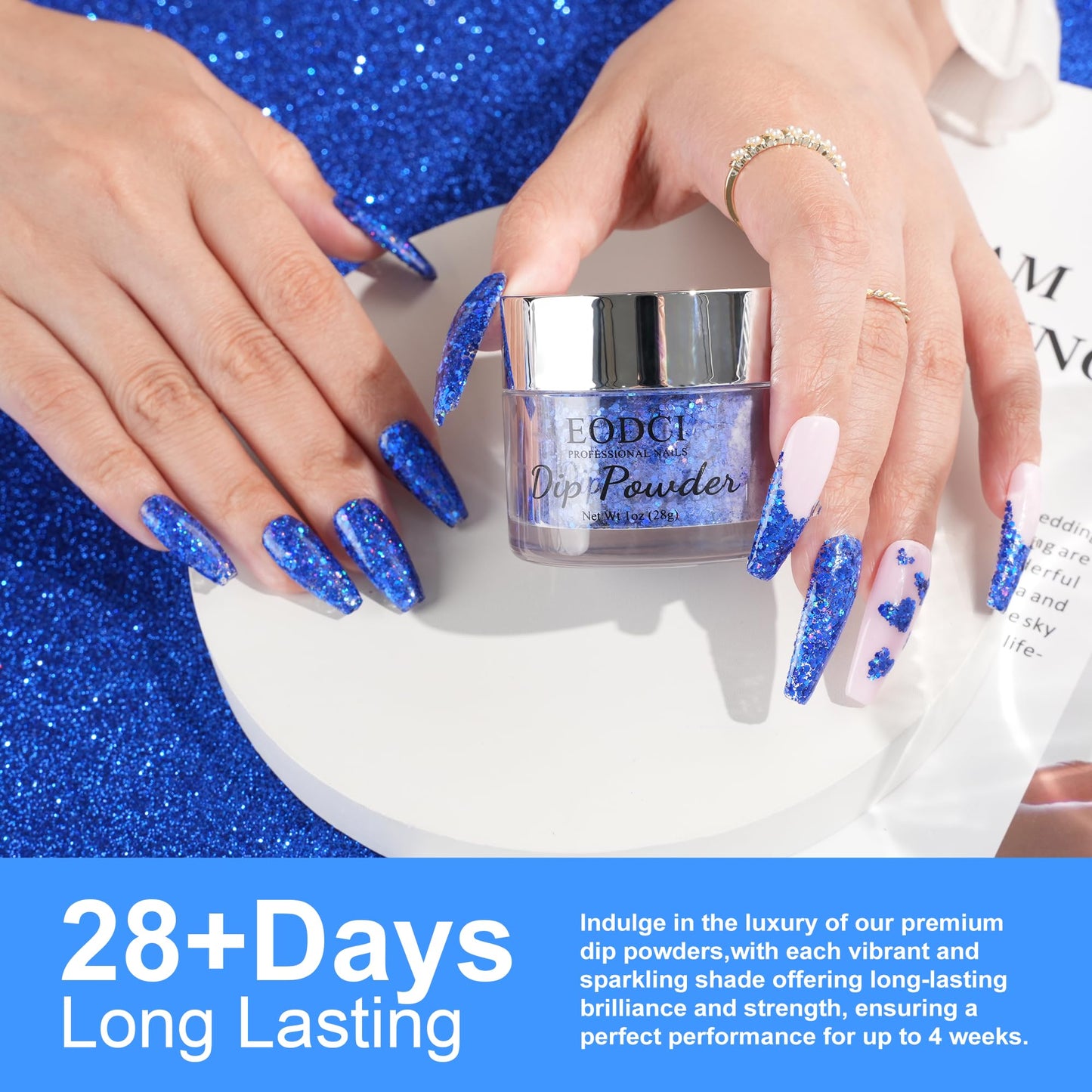EODCI Dip Powder Glitter Blue Color 1 Oz/28g Sequin Nail Dipping Powder French Nails Art Starter Manicure DIY Salon Home Gift for Women,No Need Nail Lamp Cured