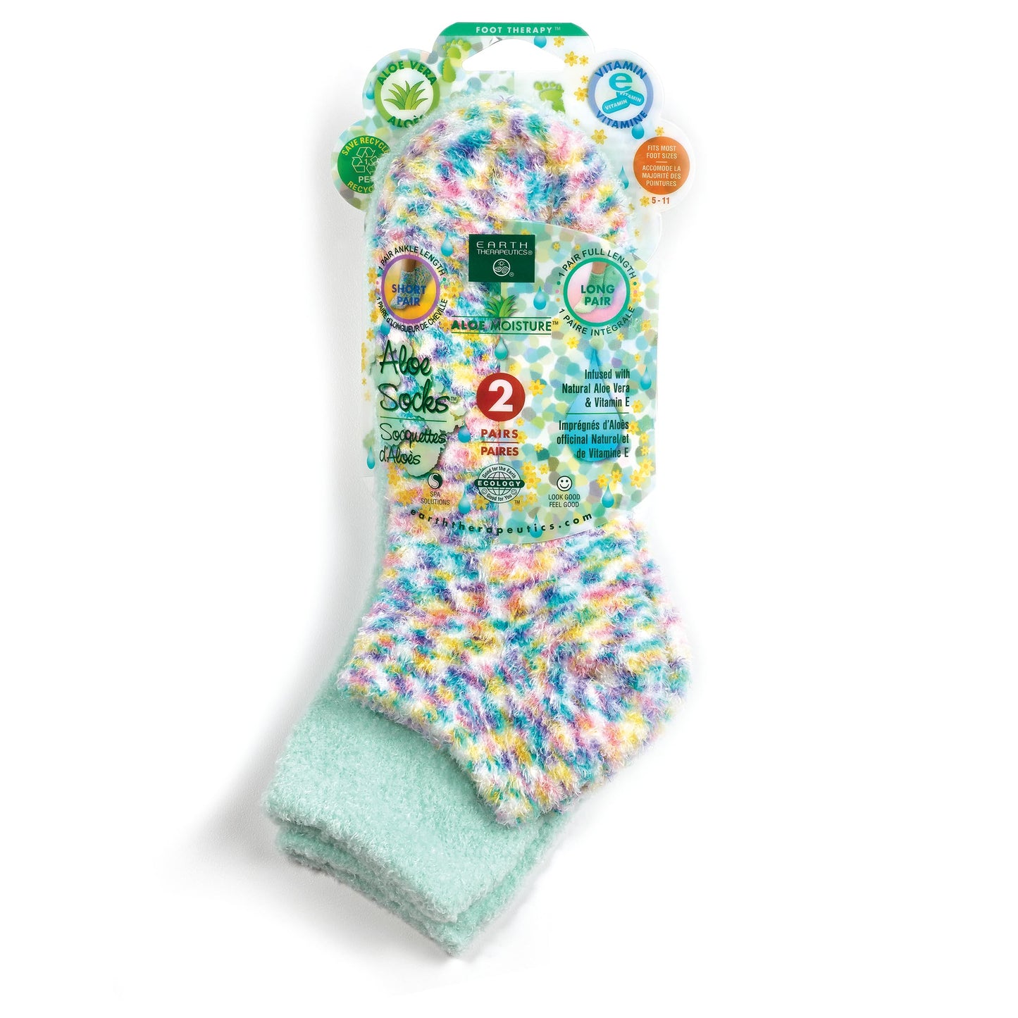 Earth Therapeutics Aloe Vera Socks – Infused w/Aloe Vera & Vitamin E – Helps Dry Feet, Calluses, Dead Skin – Use w/Lotion – Green/Confetti – 2 Pairs