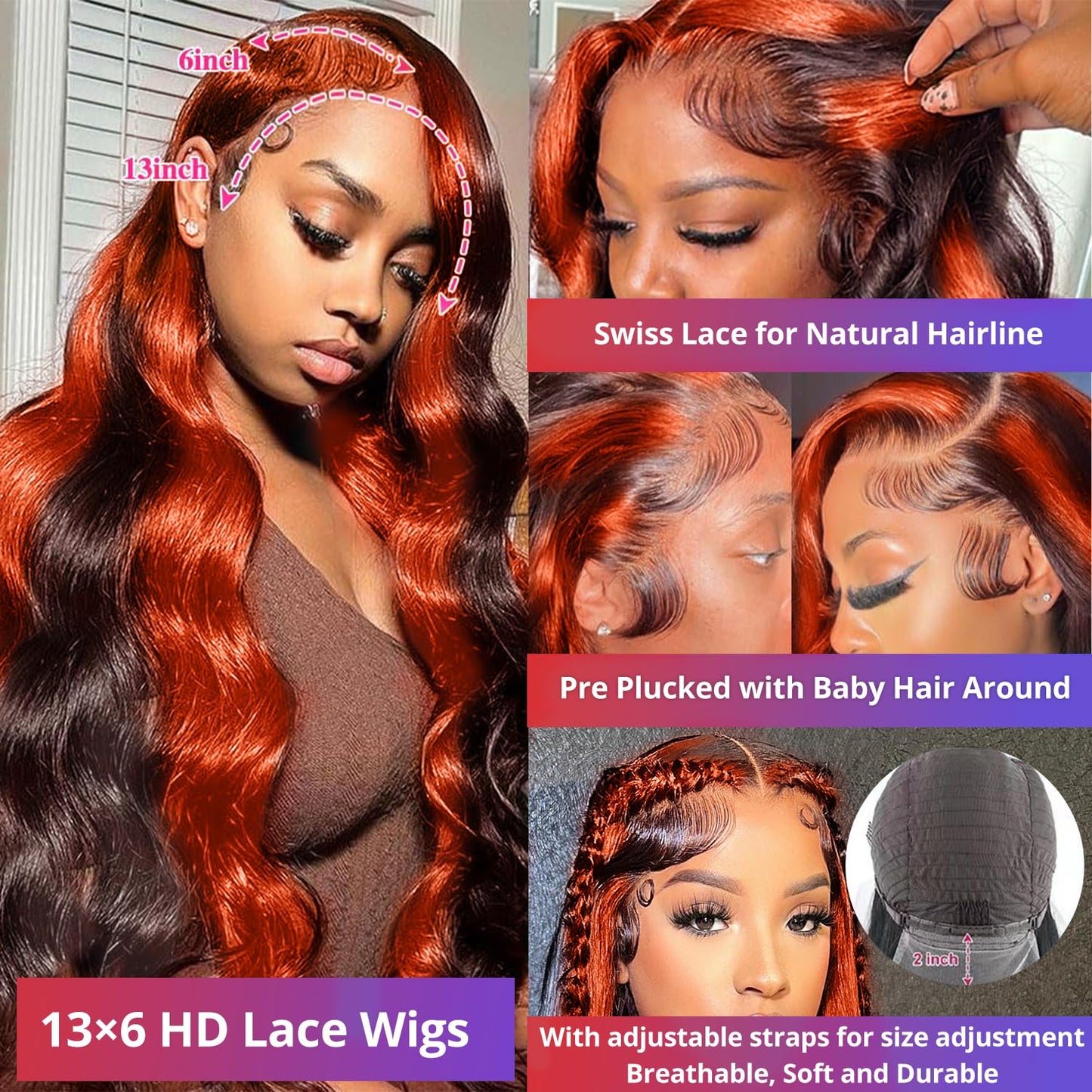 200% Density 13x6 Lace Front Wigs - Human Hair Pre-Plucked Ombre Ginger Orange - Glueless - 32Inch