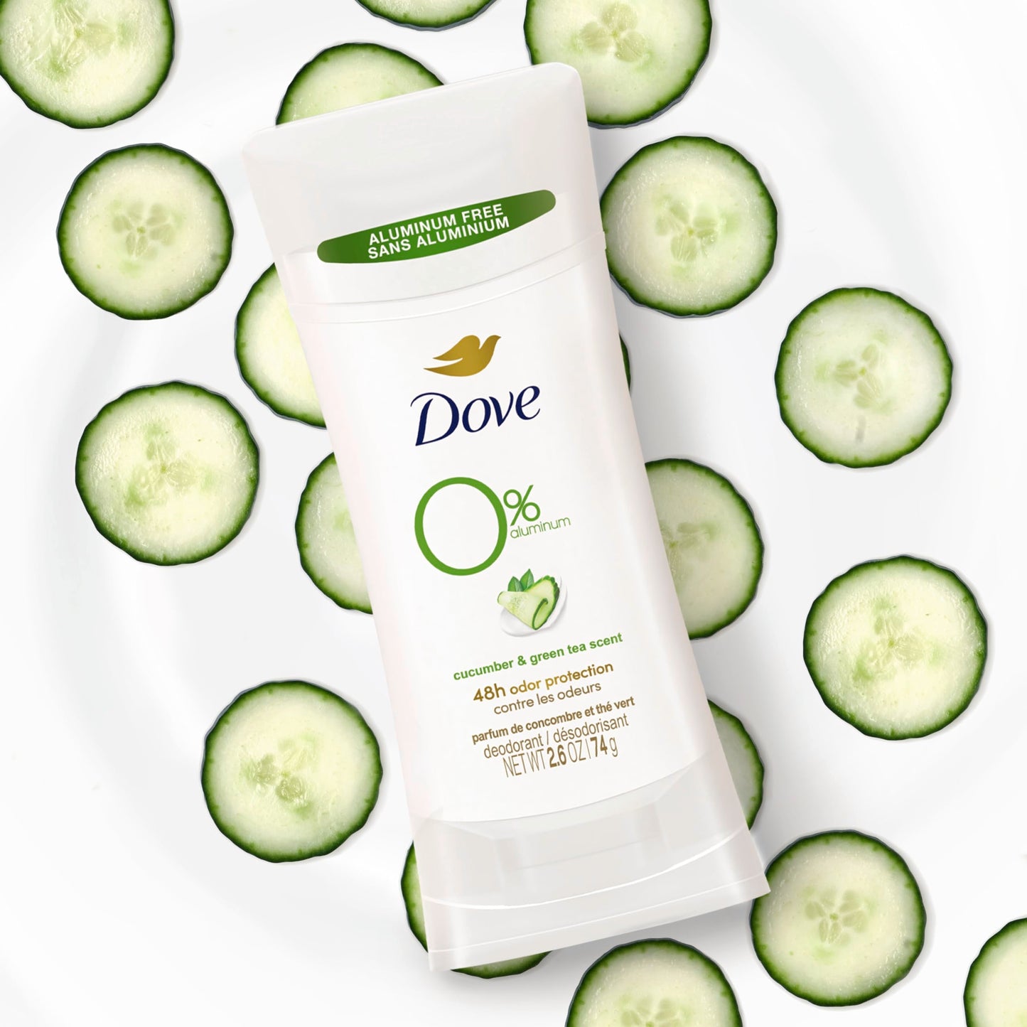 Dove 0% Aluminum Deodorant Stick Cucumber and Green Tea 4 Count Non-irritating for Underarm Care Kindest Aluminum Free 2.6 oz