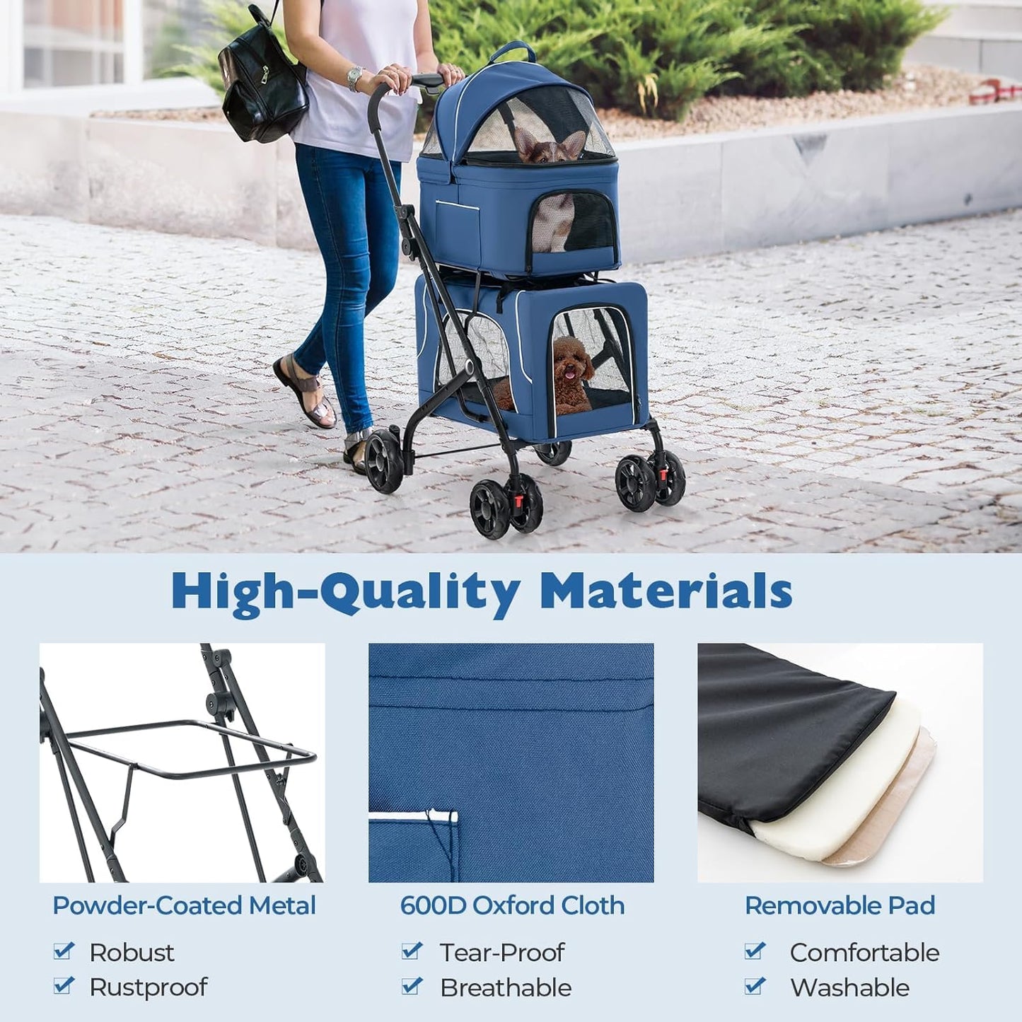 Double Dog Stroller for 2 Dogs, Detachable Carriers, Safety Belt, Lockable Wheels, Pet Travel Carrier Strolling Cart, Folding Cat Stroller for Small Medium Pets Dogs (Blue)