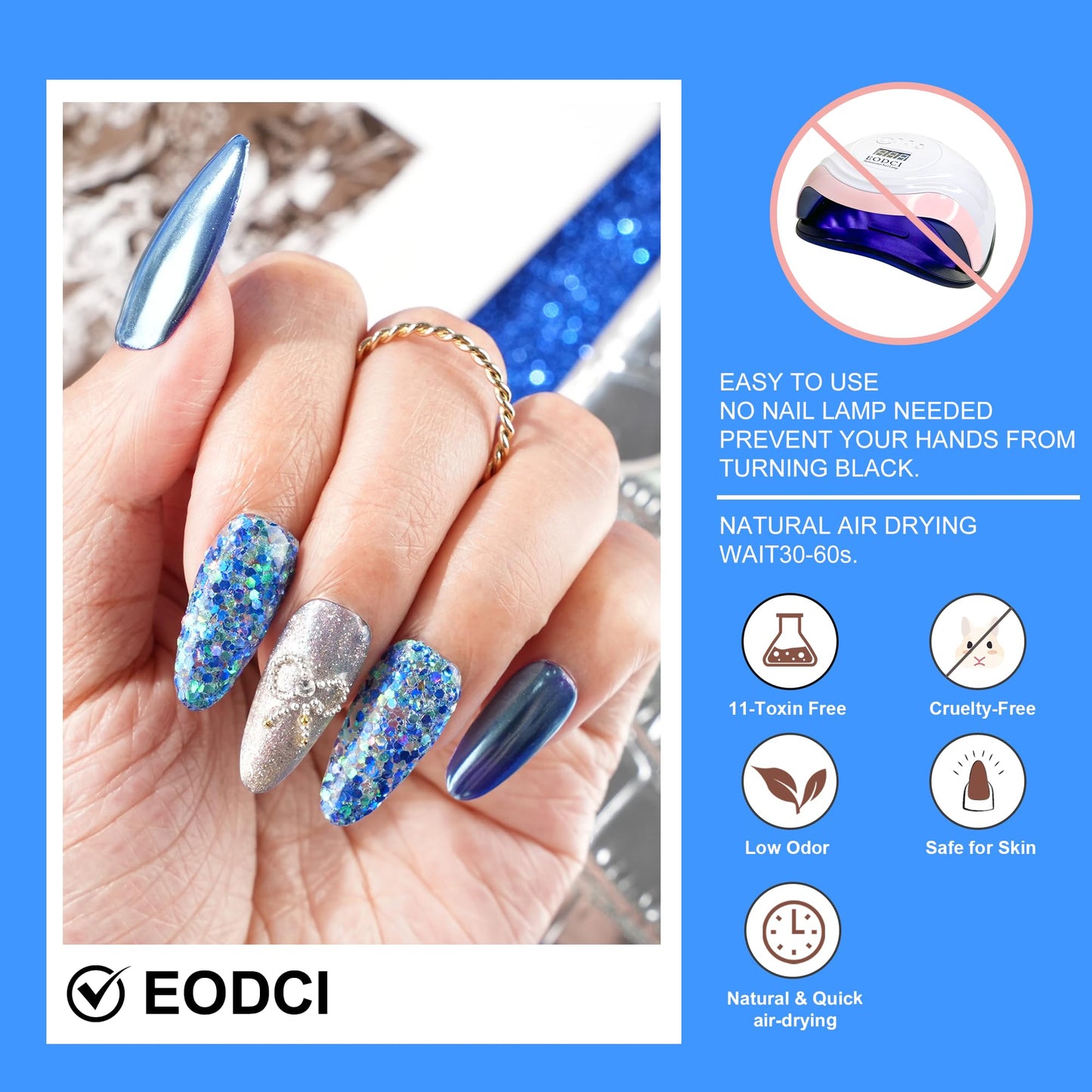 EODCI Dipping Powder Glitter Blue Color Nail Dip Powder 1 Oz For Nail Starter Professional Nail Art Salon DIY French Manicure Nail Powder No Needed Nail Lamp Cured