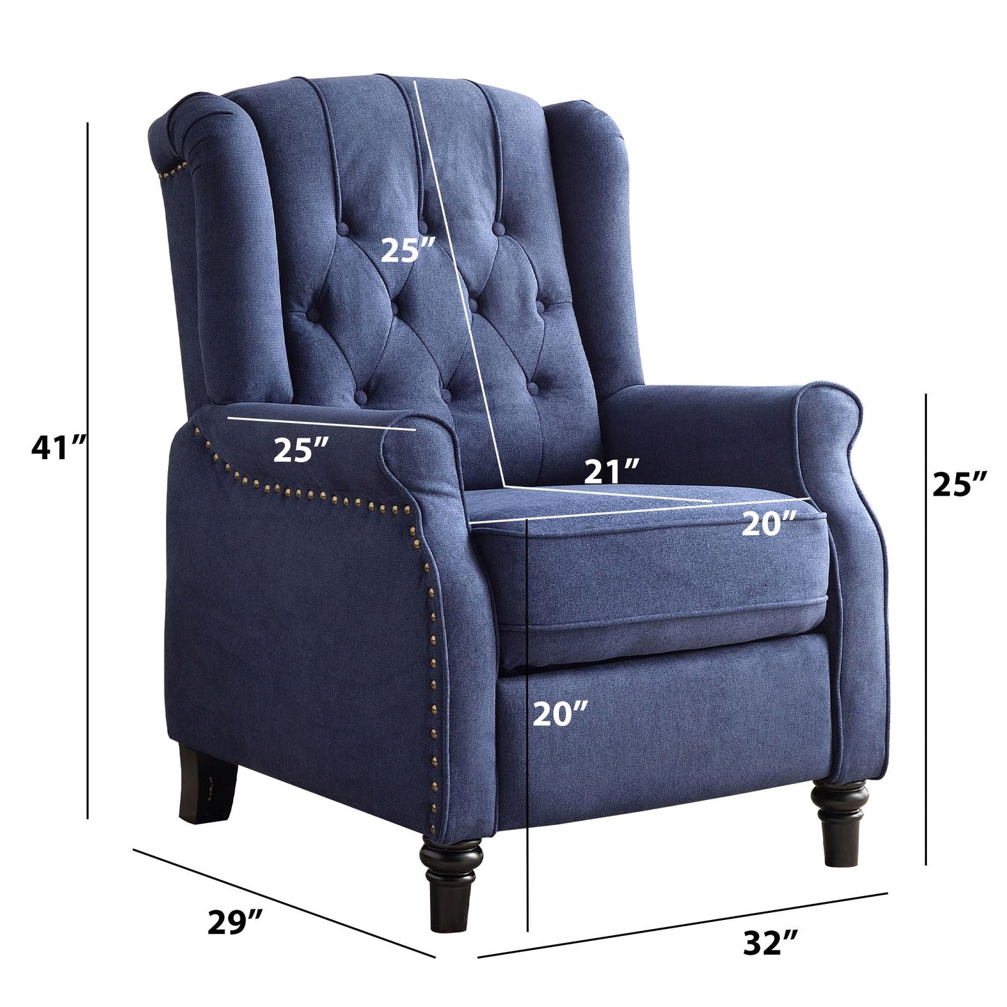 EBELLO 2 Pcs Pushback Recliner Chairs, Fabric Armchair Push Back Recliner with Rivet Decoration, Single Sofa Accent Chair for Living Room, Bedroom, Blue