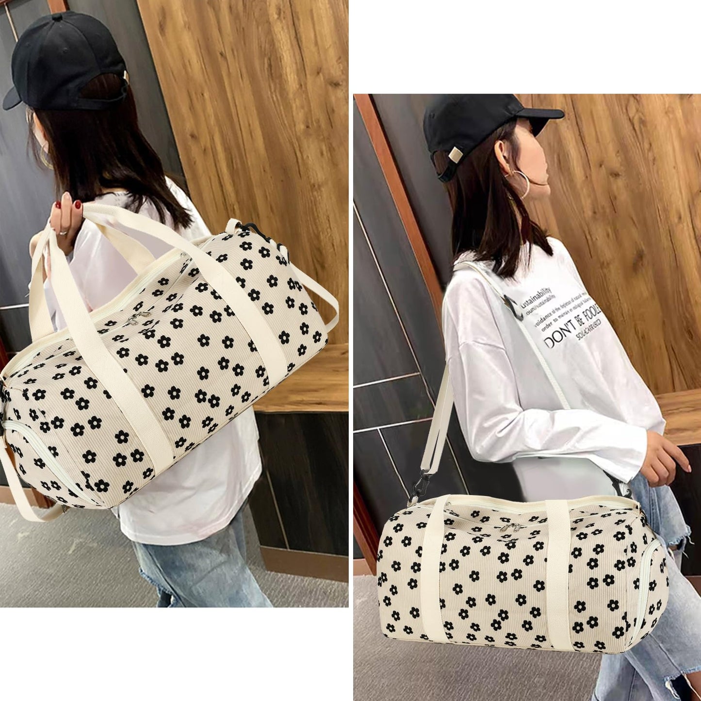 Duffle Bag for Gym Sports Women Girls Workout Travel Bag Weekender with Shoe Compartment and Wet Pocket (2-Corduroy-Black floral)