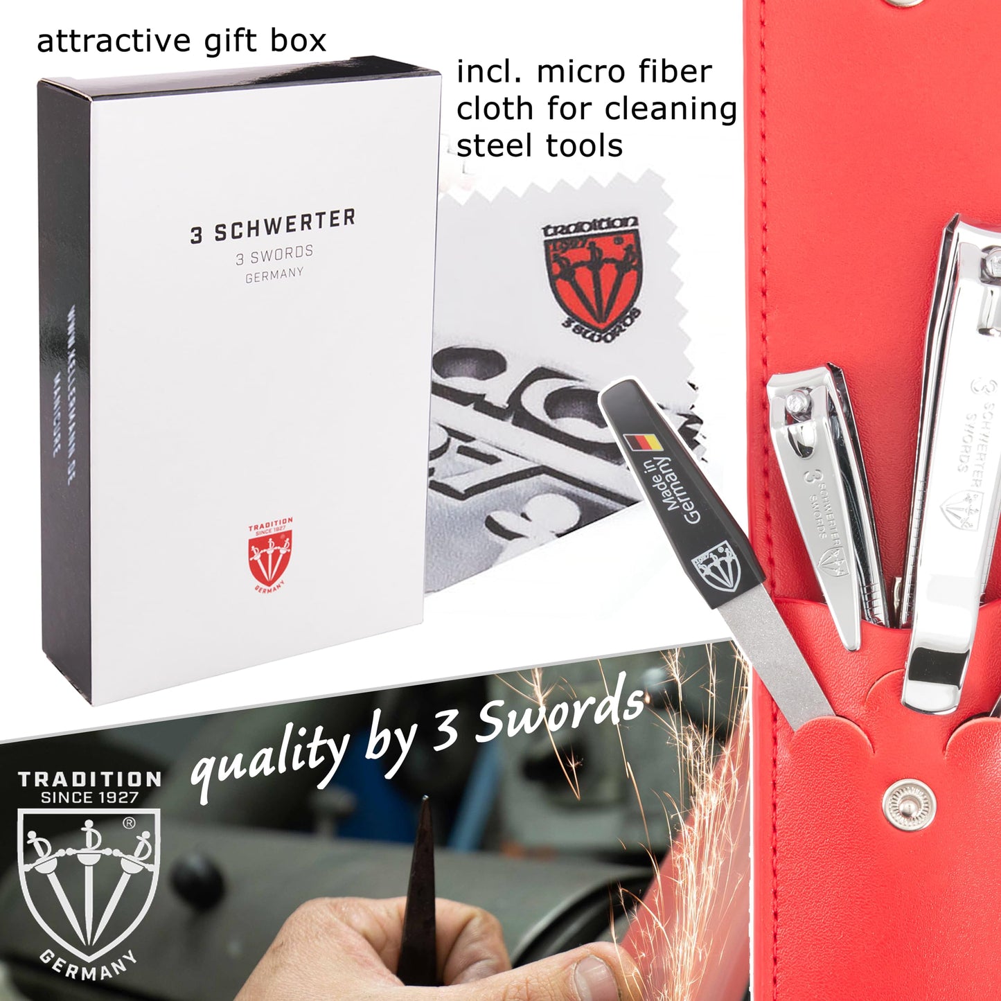3 Swords Germany - Brand Quality 4 Piece Manicure Pedicure Grooming kit Set for Professional Finger & Toe Nail Care Tweezers File Clipper Fashion Leather case in Gift Box, Made by 3 Swords (02570)