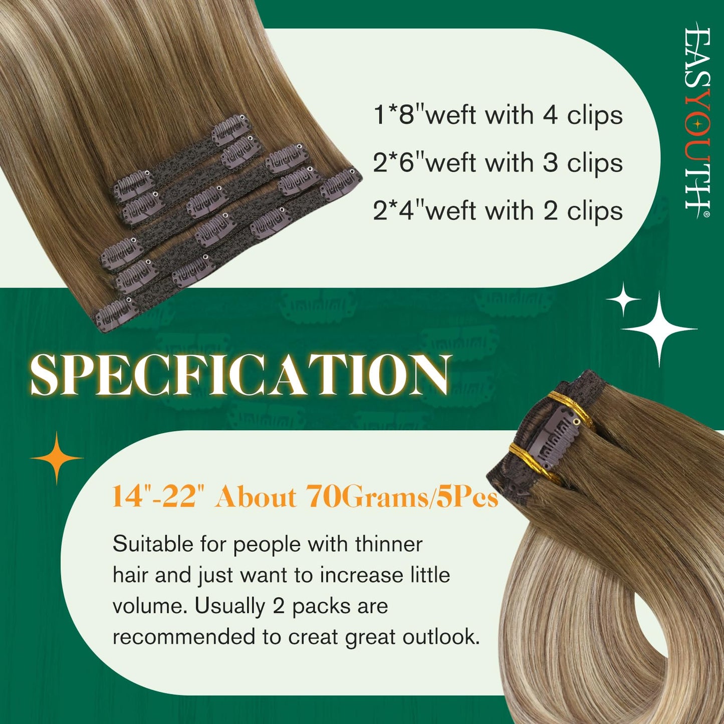 Easyouth Clip in Hair Extensions Real Human Hair Remy Clip in Extensions Ombre Darker Brown Fading to Dirty Brown Mixed Blonde Hair Extensions Clip ins Short Hair 12 Inch 70g 5pcs