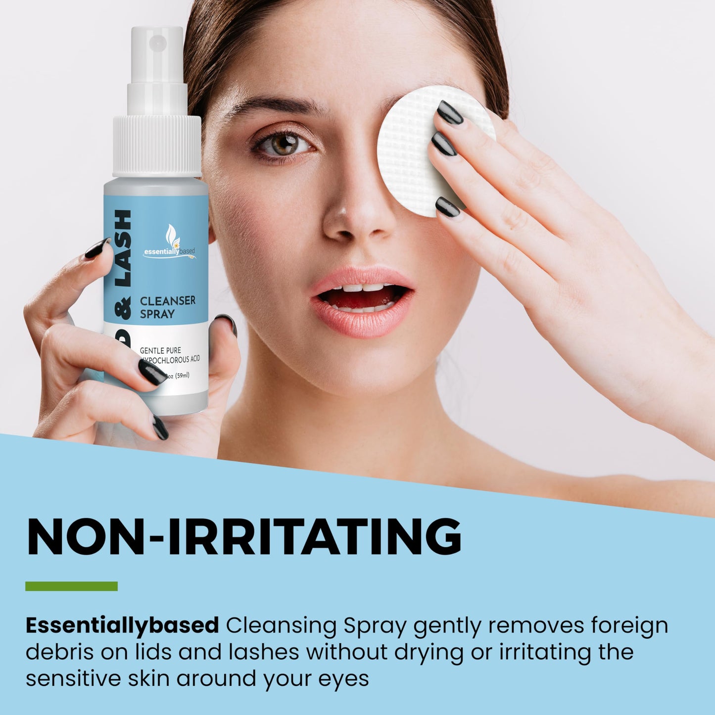 Essentially Based Eyelid Cleanser Kit - 2 oz Eyelids and Eyelash Cleaner - Hypochlorous Acid Spray Solution - Eye Wash Solution with 30 Application Pads - Made in USA