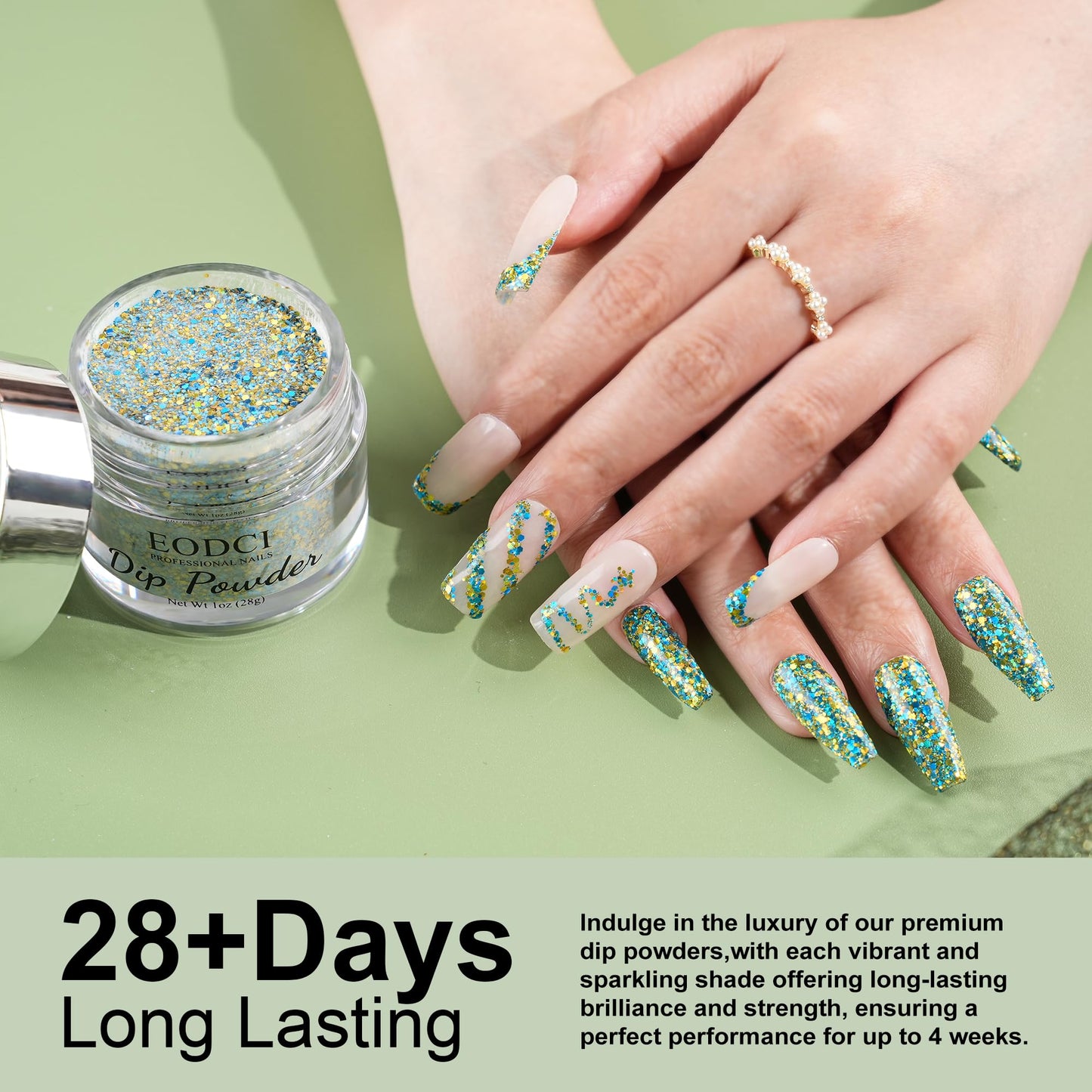 EODCI Dopamine Glitter Green Dip Powder Nail Color, Dip Powder Nail 1 Oz Nail Dipping Powder French Nail Art for Starter Manicure Salon DIY at Home, Fall Winter Dip Powder Colors Long Lasting