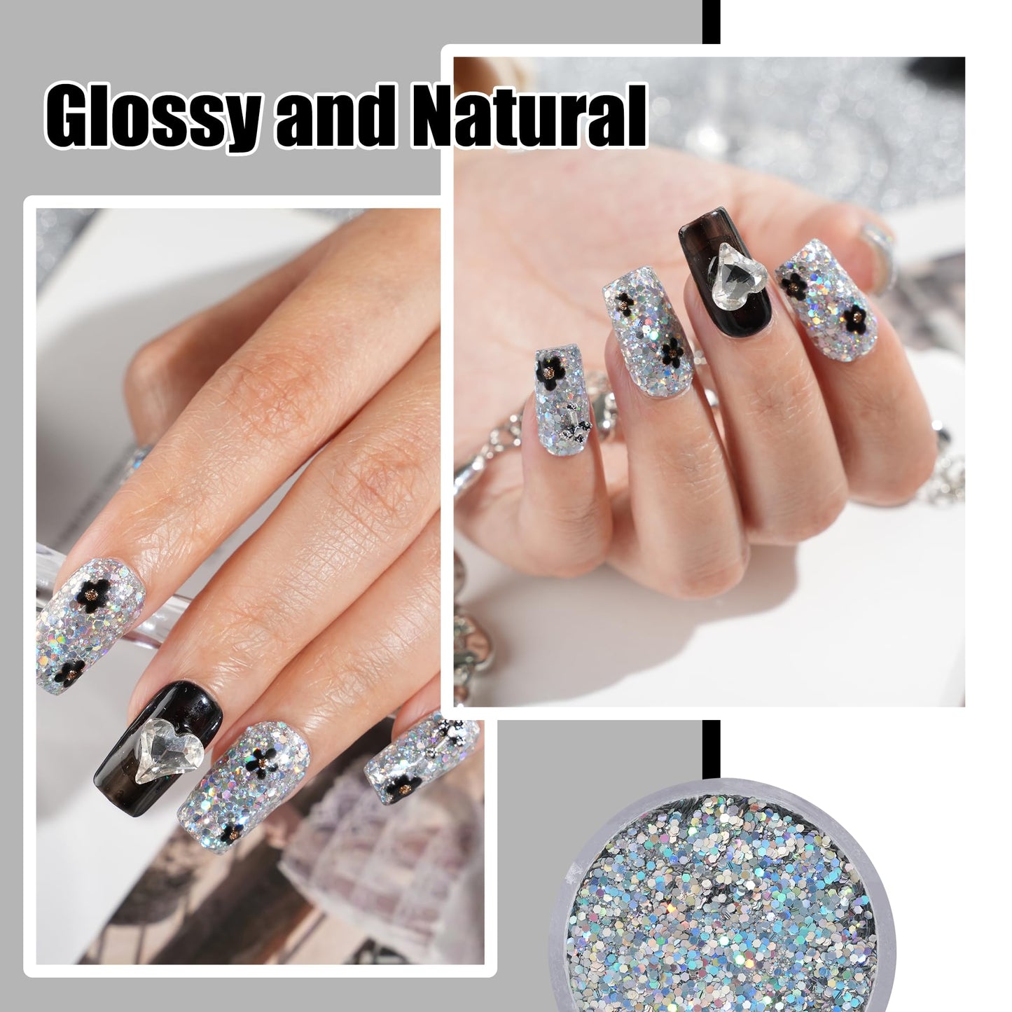 EODCI 1 Oz/28g Sequin Silver Dip Powder, Glitter Nail Dipping Powder French Powder Pro Collection System Nail Art Starter Manicure Salon DIY at Home, Odor-Free&Long-Lasting, No Needed Nail Lamp Curing