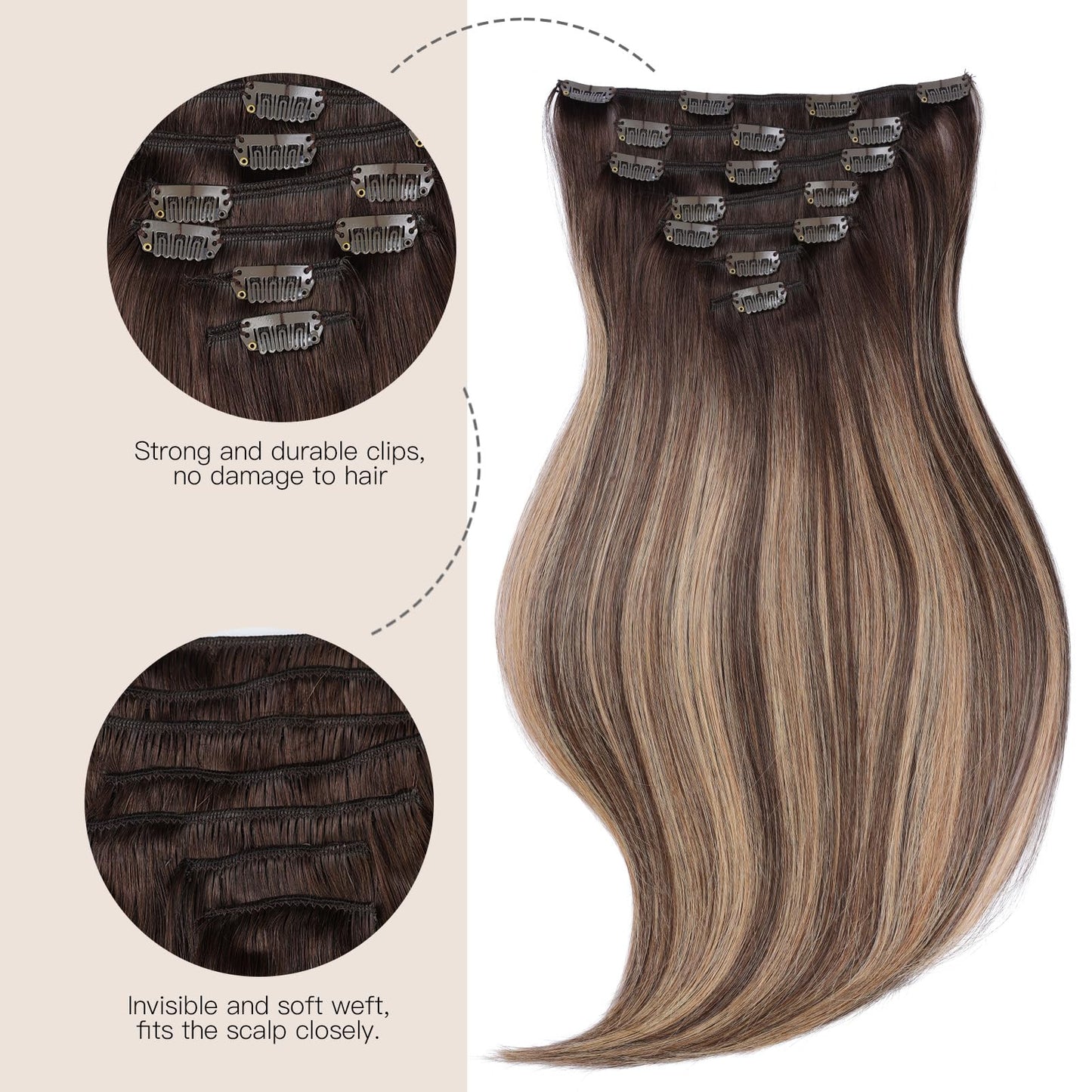 EnthayPow Clip in Hair Extensions Real Human Hair,Chocolate Brown to Caramel Blonde Hair Extensions for Women,Natural Hair Clip in Hair Extensions,Remy Human Hair Extensions,20 Inch 7pcs/120g