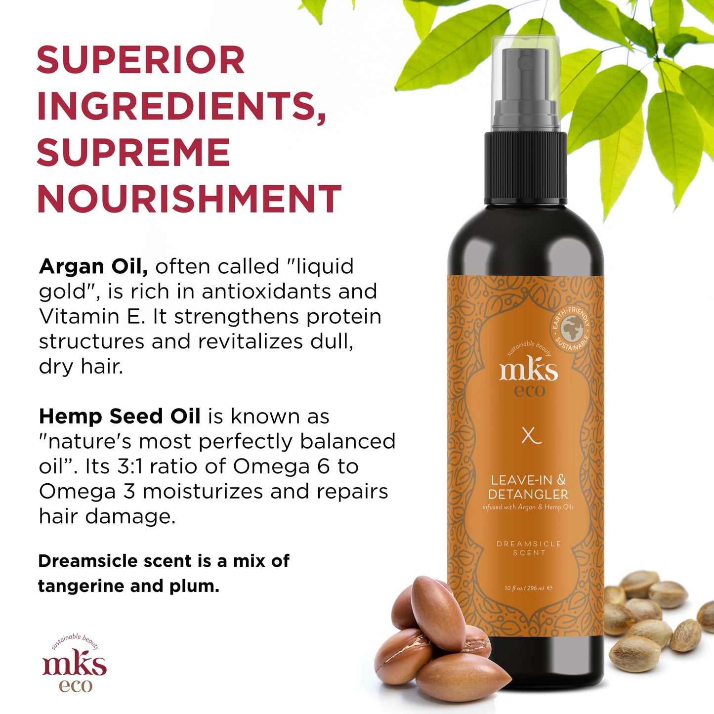Earthly Body MKS eco X, Dreamsicle Scent - 10 fl oz - Leave-In Treatment & Detangler - Moroccan Argan Oil, Hemp Seed Oil - Vegan & Cruelty Free