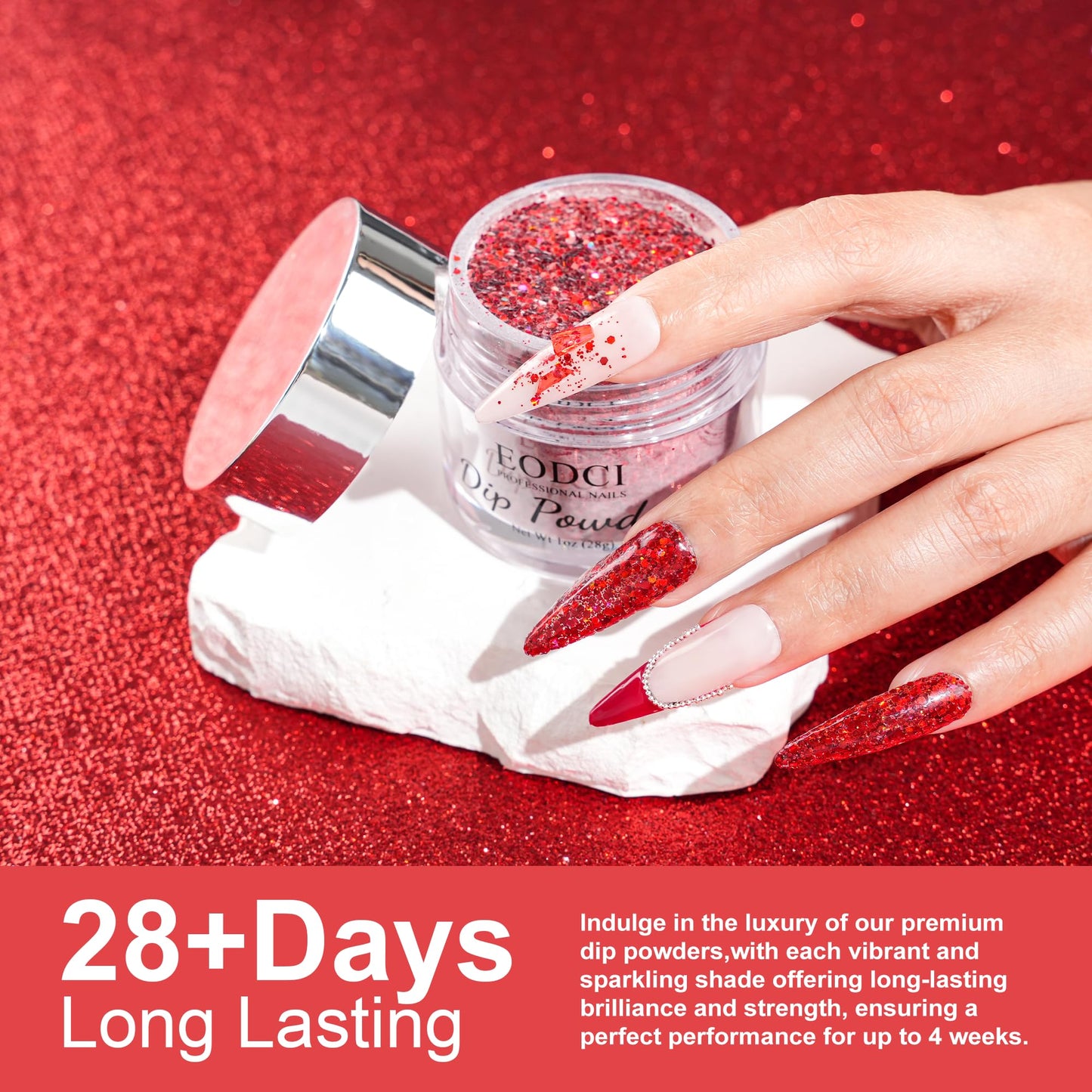 EODCI 28g Dip Powder - Glitter Dark Red Color Nail Dipping Powder French Powder Pro Collection System Nail Art Starter Manicure Salon Home DIY for Girls Women Long-Lasting