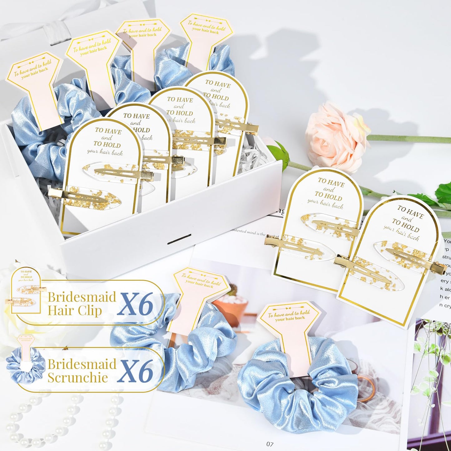 12 PCS Silk Satin Soft Blue Hair Accessories - Bridesmaid Proposal Favors with Hair Clips, Scrunchies, and Bridal Shower Gifts for Women and Girls