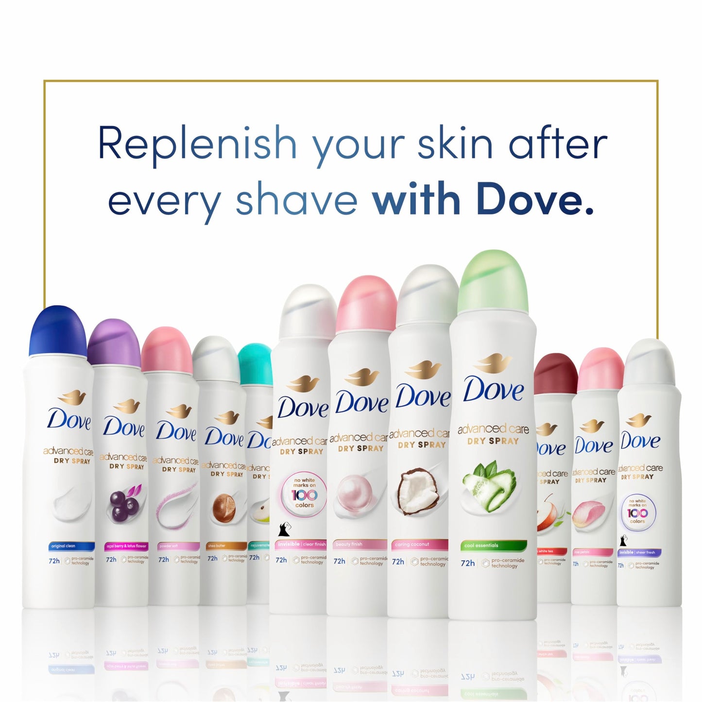 Dove Advanced Care Antiperspirant Deodorant Spray Apple & White Tea to help skin barrier repair by boosting skin's ceramide levels 72-hour odor and sweat protection 3.8 oz