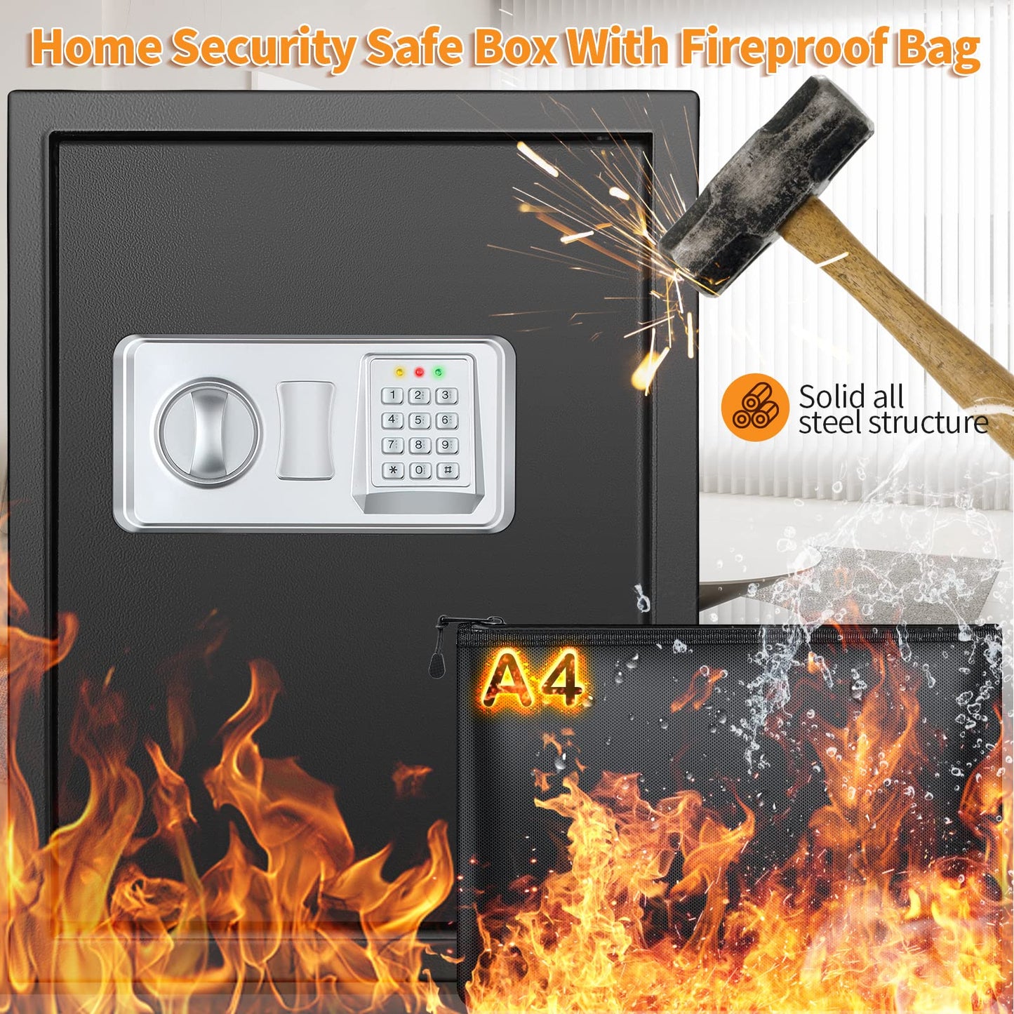 3.0 Cub Large Fireproof Safe Box for Home Use, Anti-Theft Home Safes Fireproof Waterproof, Money Safe for Home with Fireproof Bag and Removable Shelf, Safe Fireproof for Money Firearm A4 Document