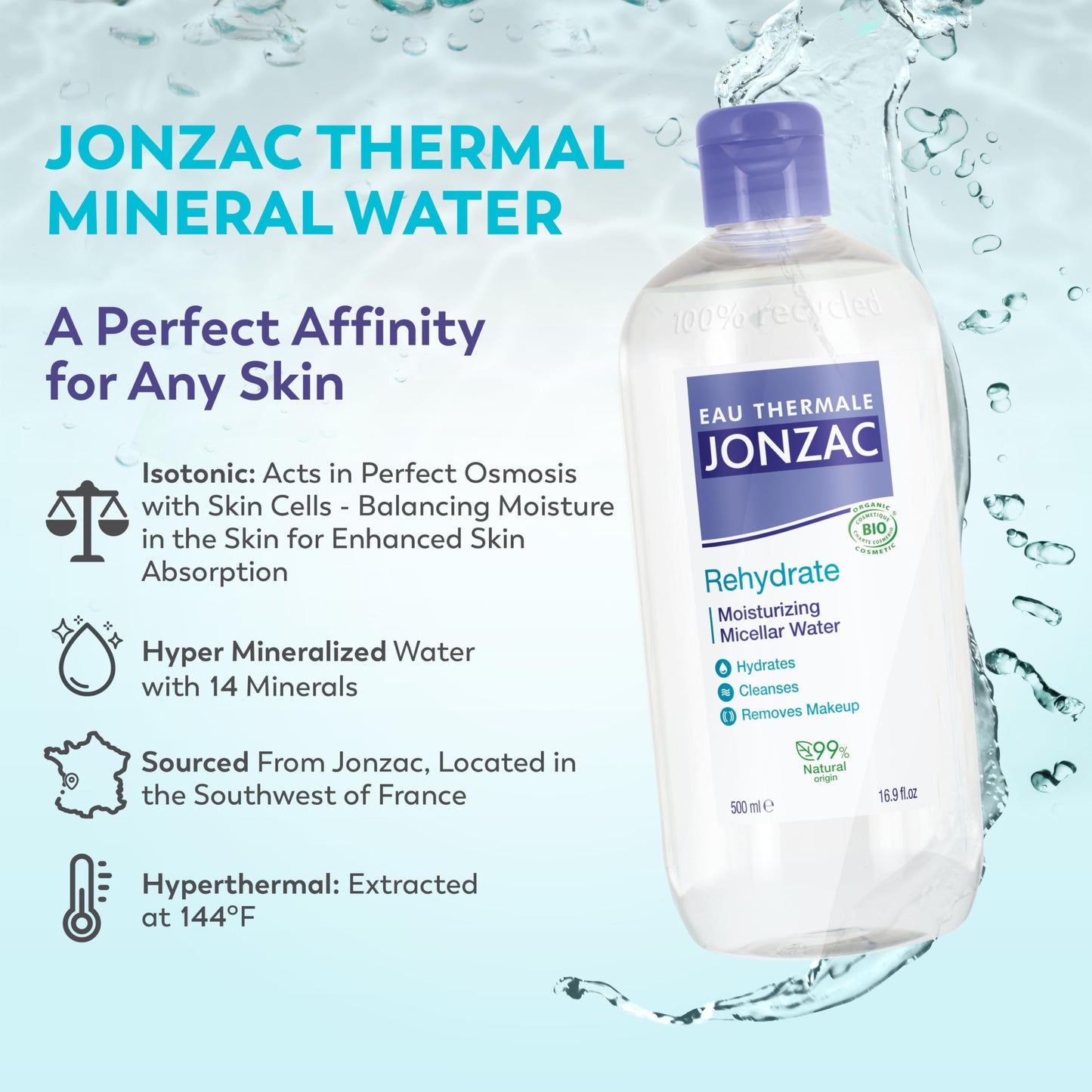 Eau Thermale Jonzac Organic Rehydrate Moisturizing Micellar Water - Gentle Makeup Remover -Leaves Skin Hydrated - Sensitive Skin Approved- Dermo Tested - 16.9 Fl Oz
