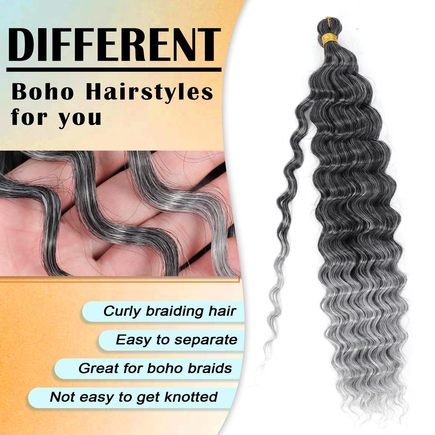 Eerya Long Curly Braiding Hair 18 Inch 2 Packs Ocean Wave Crochet Hair for Black Women Deep Wave Braiding Hair for Boho Braids (18 inch, T1B/grey)