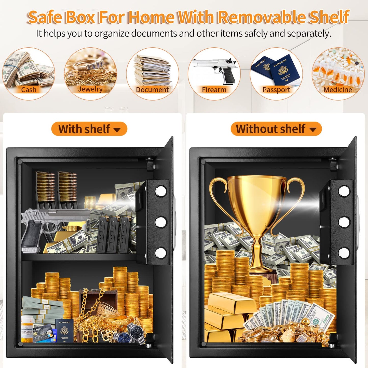 3.0 Cub Large Fireproof Safe Box for Home Use, Anti-Theft Home Safes Fireproof Waterproof, Money Safe for Home with Fireproof Bag and Removable Shelf, Safe Fireproof for Money Firearm A4 Document