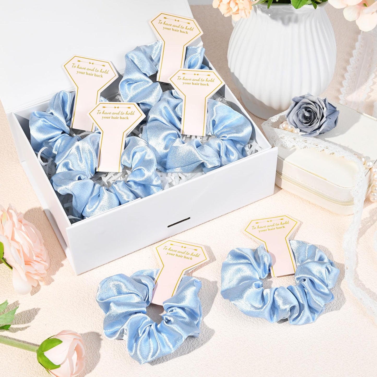 12 PCS Silk Satin Soft Blue Hair Accessories - Bridesmaid Proposal Favors with Hair Clips, Scrunchies, and Bridal Shower Gifts for Women and Girls