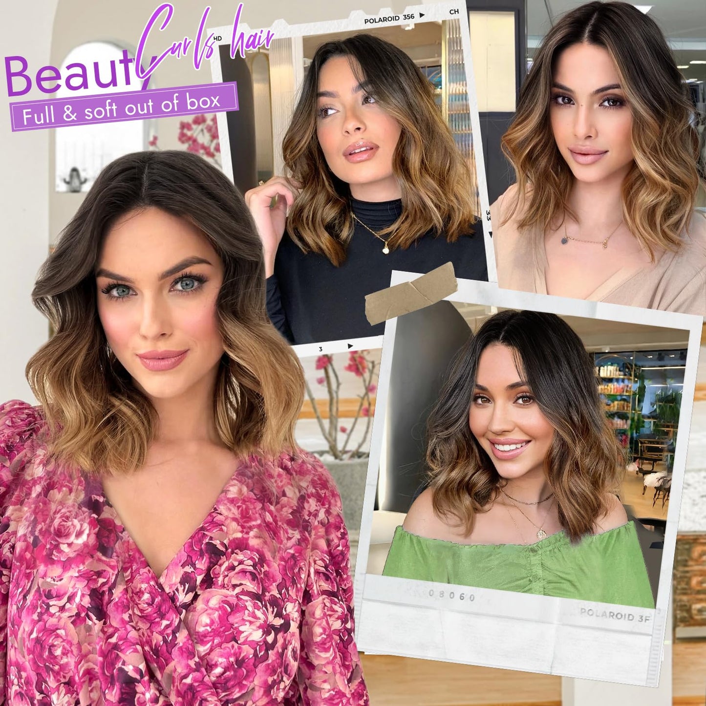 Eawwii Ombre Brown Short Wavy Wig for Women Lace Hairline Bob Style Synthetic Heat Resistant - Natural Appearance for Everyday Hairstyle 14 Inch