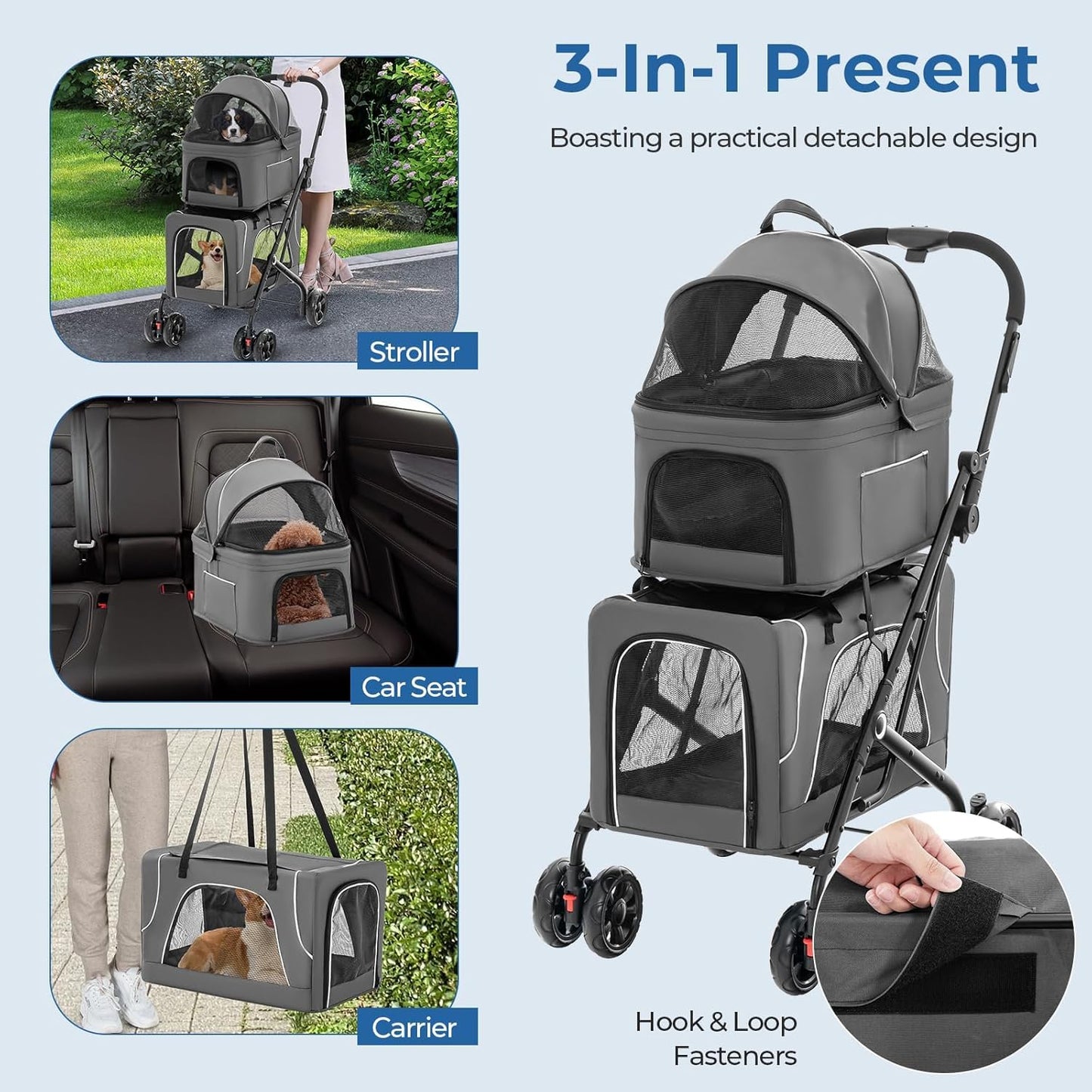 Double Dog Stroller, Foldable 3-in-1 Cat Strollers with 2 Detachable Carriers, Safety Belt, Washable Cover, Removable Pads, 4 Wheels Travel Pet Stroller for Small Medium Dogs(Grey)