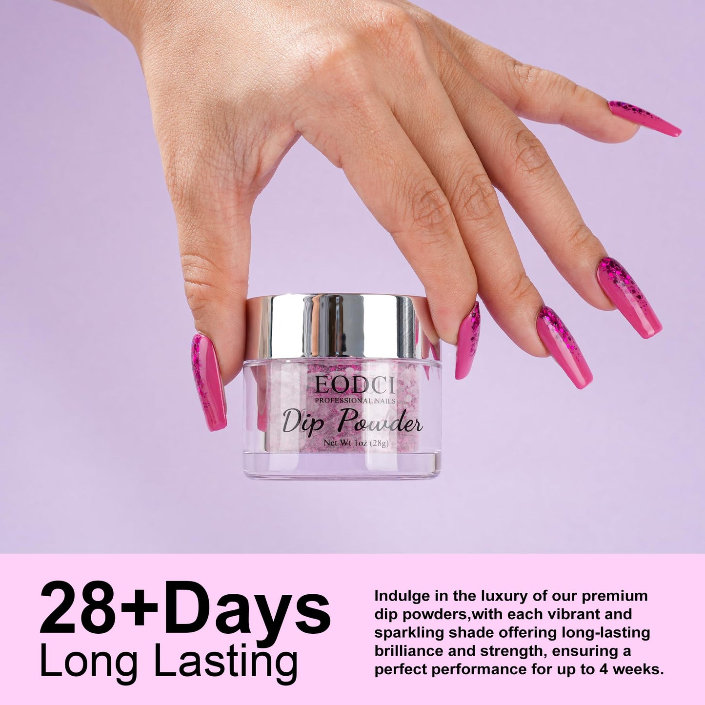 EODCI 1 Oz/28g Dip Powder Glitter Pink Color, Dipping Powder French Pro Collection System Nail Art Starter Manicure Salon DIY at Home, No Needed Nail Lamp Curing